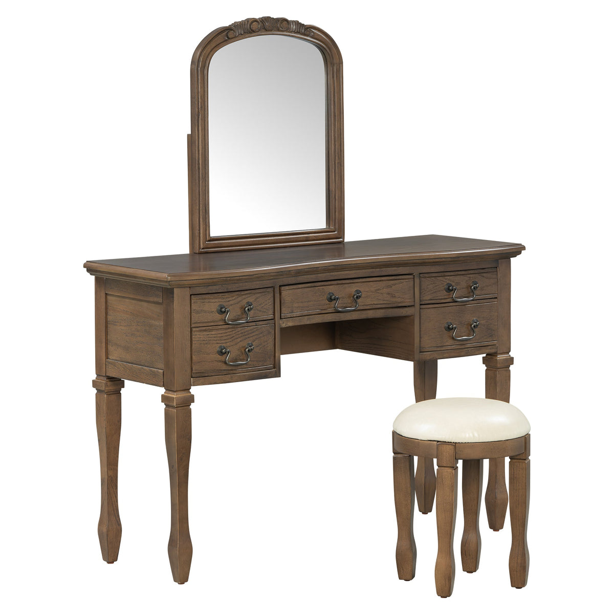 Roomfitters 46-Inch Vintage Makeup Vanity Table with Curved Flower Frame Mirror and Upholstered Leather Stool Espresso Roomfitters