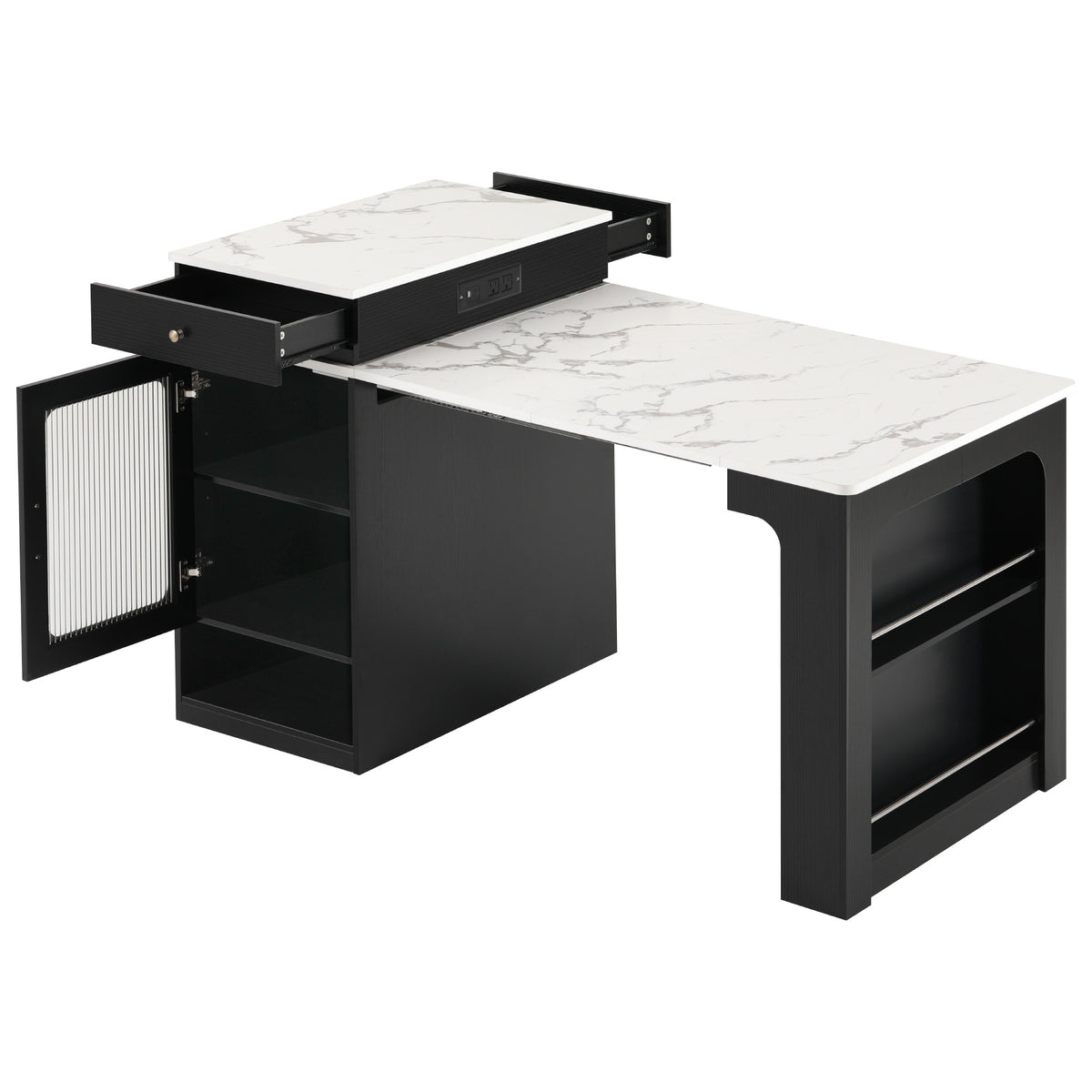 variant-group:rf-n707s000017b|Roomfitters 59.5" Kitchen Island with 41.8" Extendable Dining Table, Double-Sided Storage, Power Outlet, 2 Drawers, Black
