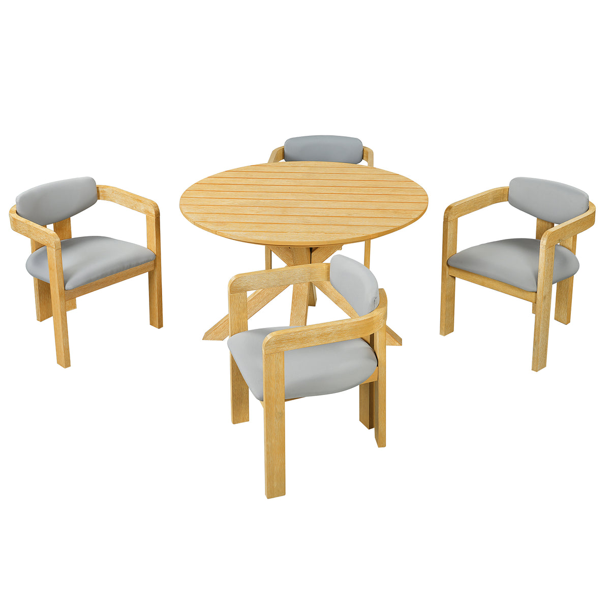 variant-group:rf-n704g201258l|Roomfitters 5-Piece Outdoor Acacia Wood Round Dining Set with Ergonomic Barrel Armchairs Gray Cushions