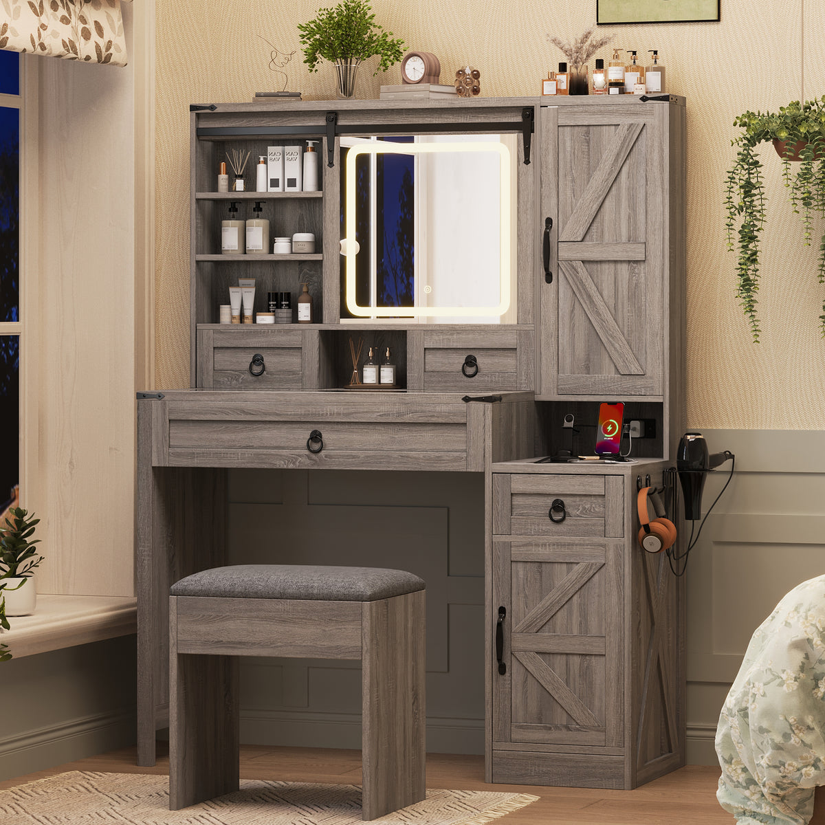 variant-group:rf-n733p340562g|Roomfitters Farmhouse Vanity Desk with Sliding Mirror & Lights, Glass Top, Charging Station, 4 Drawers, 2 Cabinets, Stool, Gray