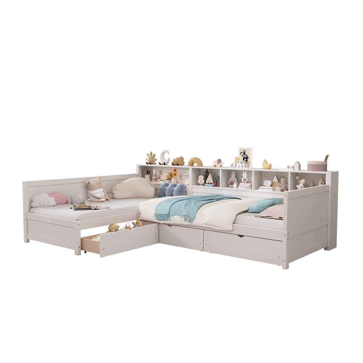 variant-group:rf-n733s369272k|Roomfitters Twin L-Shaped Daybed for 2 with 3 Storage Drawers, Wooden Corner Bed Frame with Bookshelf for Bedroom, White