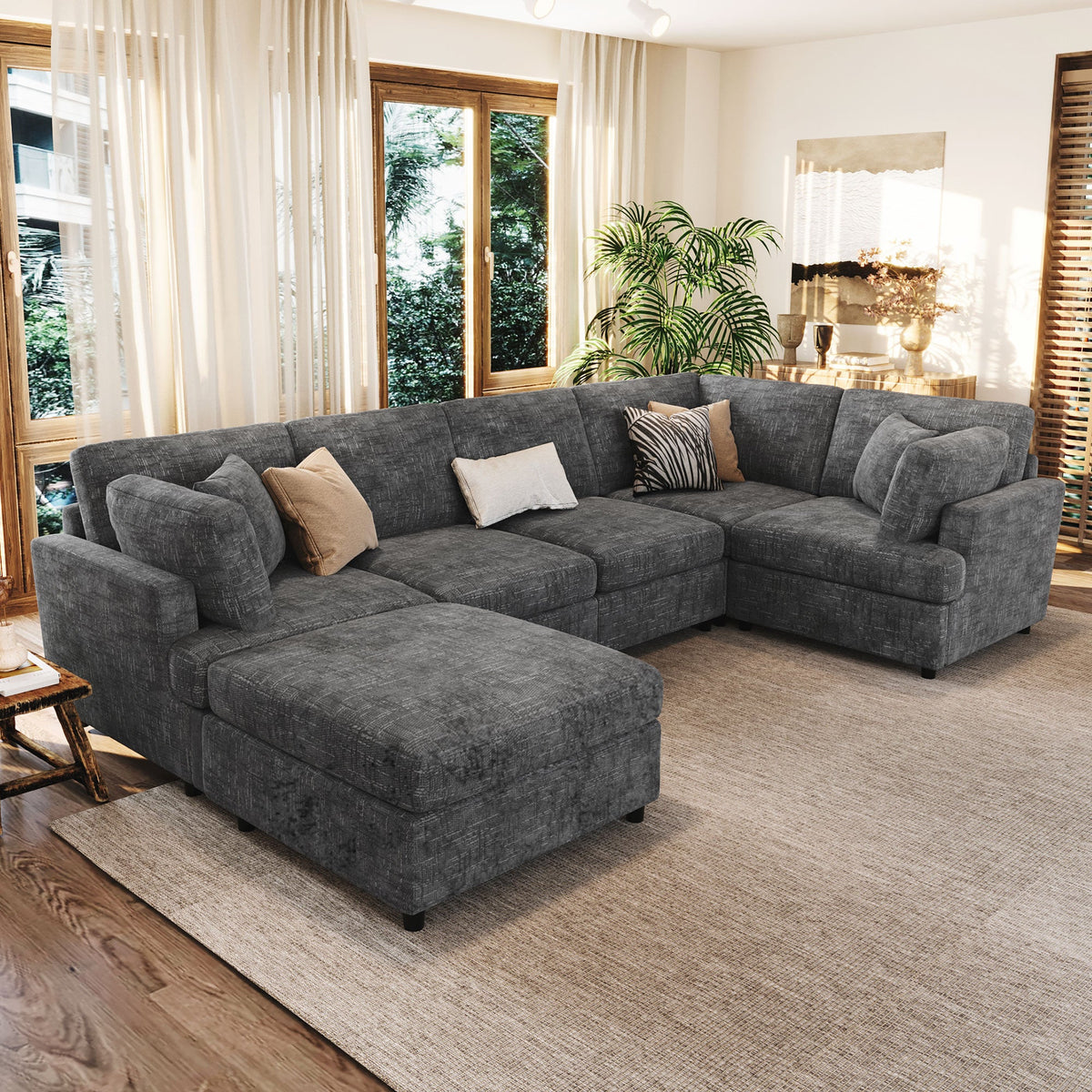 Roomfitters 127" U-Shaped Sectional Sofa, Modern Modular L-Shaped Couch with Movable Ottoman for Living Room, Grey Roomfitters