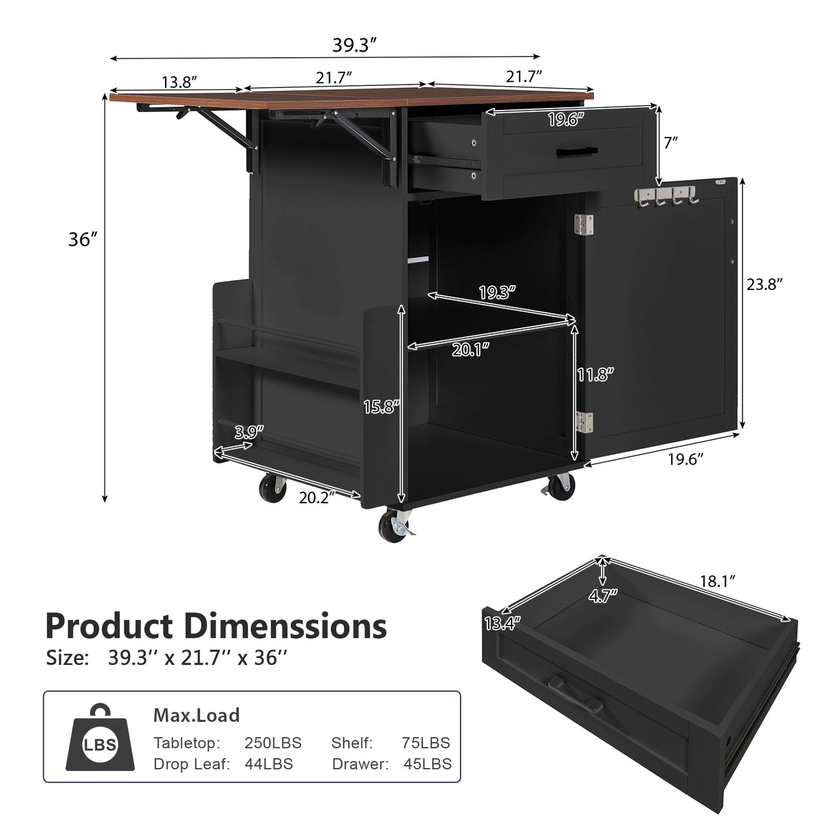 variant-group:rf-n707p404539b|Roomfitters 39.3" Kitchen Island with Drop Leaf, Rolling Kitchen Cart with Storage Drawer and Spice Rack, Modern Style, Black