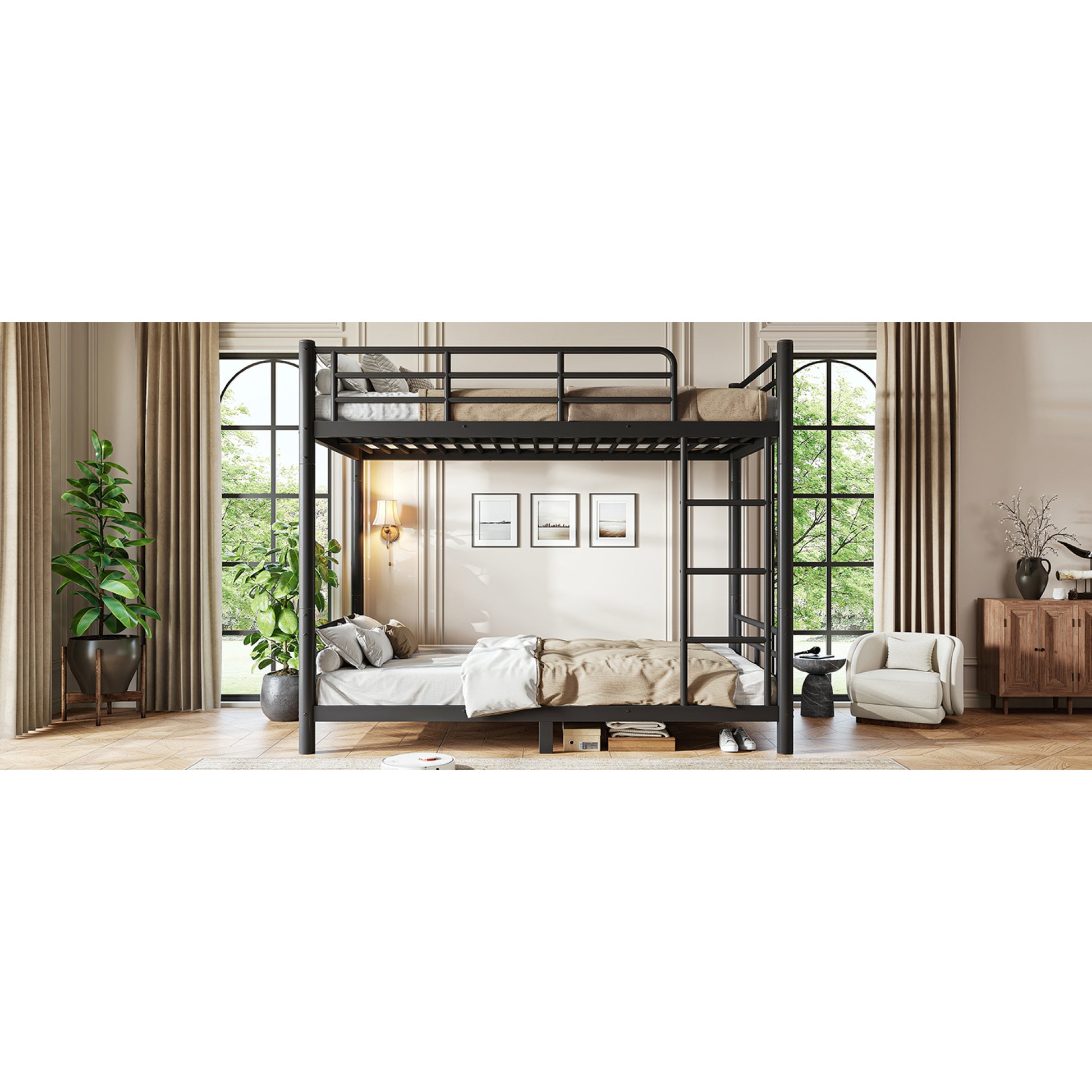 variant-group:rf-w1580p454721|Roomfitters Twin XL over Twin XL Metal Bunk Bed Frame for Teens Adults, Convertible 2 Separate Beds Round Tube, Black