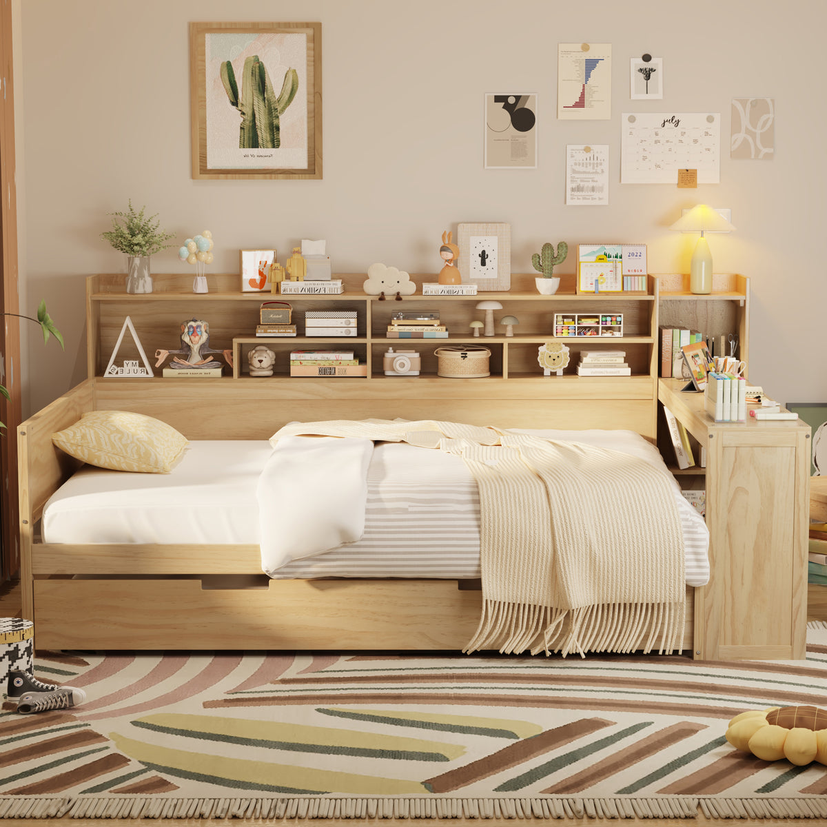 variant-group:rf-n733s373391m|Roomfitters Full Daybed with Twin Trundle, Storage Shelves and Desk, Wooden Multi-Functional Bed, Natural