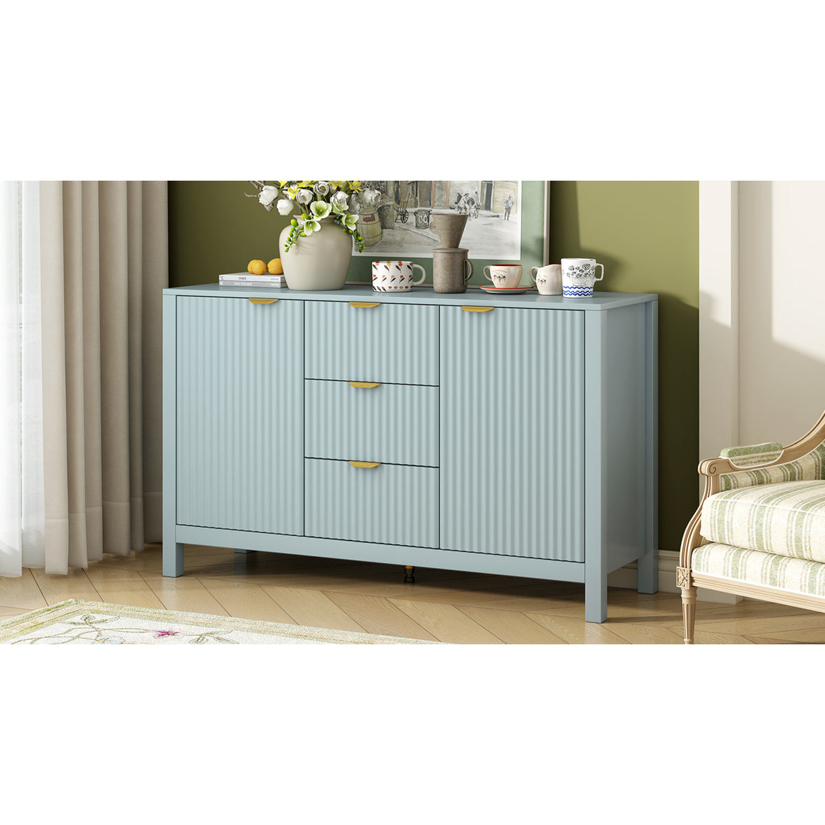 variant-group:rf-n711p269066c|Roomfitters Sideboard Buffet Cabinet with 3 Drawers, Mid-century Modern Fluted Accent Storage for Kitchen & Dining, Cyan