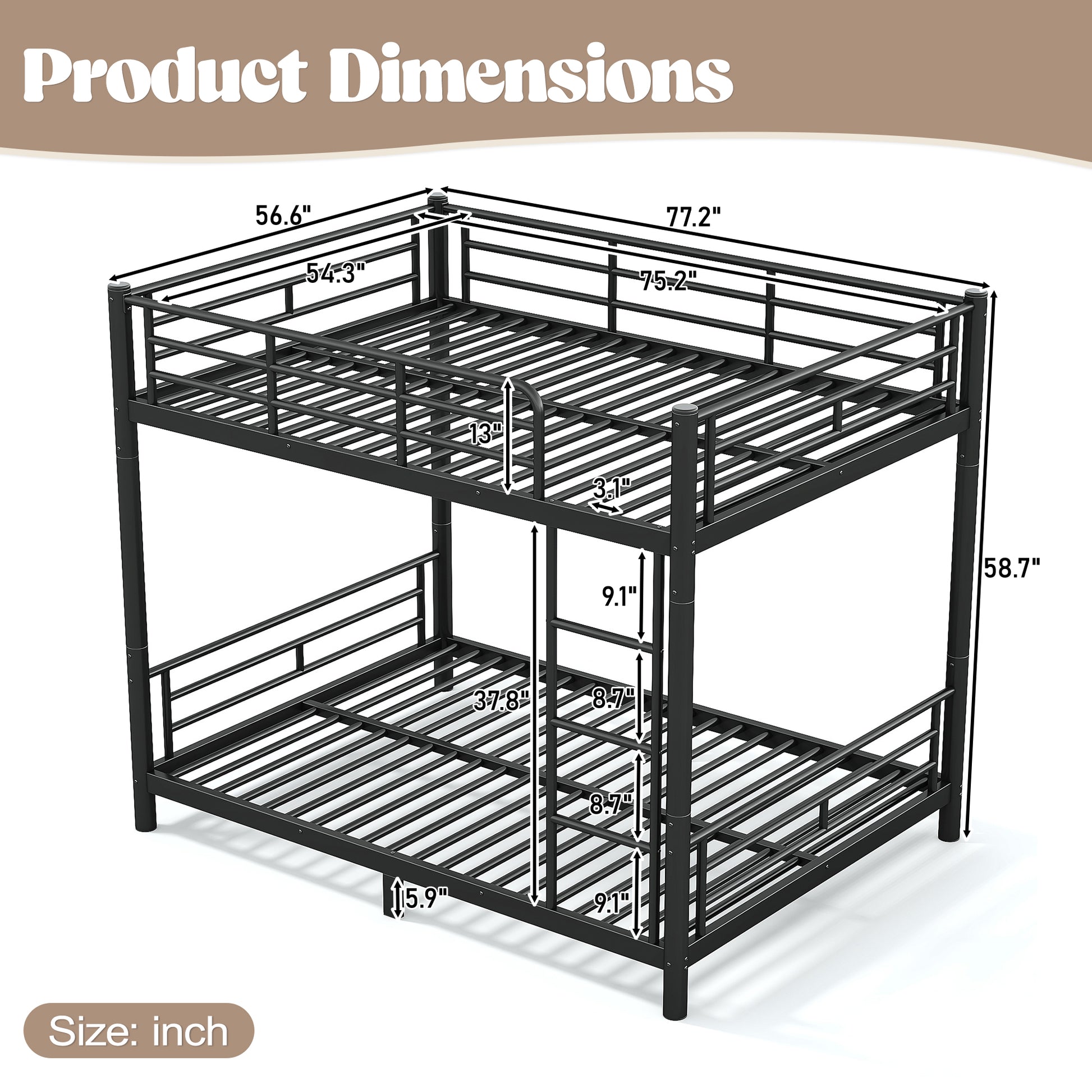 variant-group:rf-w1580p454730|Roomfitters Full over Full Metal Bunk Bed Frame for Teens Adults, Convertible 2 Separate Beds Round Tube, Black