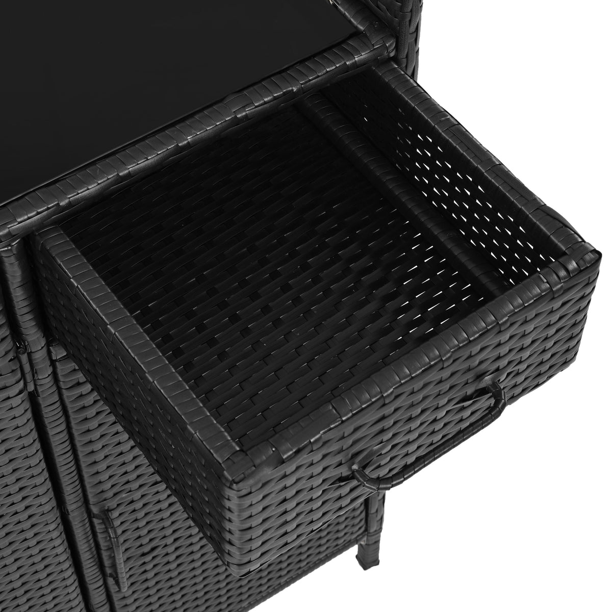 variant-group:rf-n707p233745b|Roomfitters 47.5" Wicker Outdoor Storage Cabinet, Rattan Bar Table with Glass Top, Adjustable Shelf, 3 Doors, Black Brown