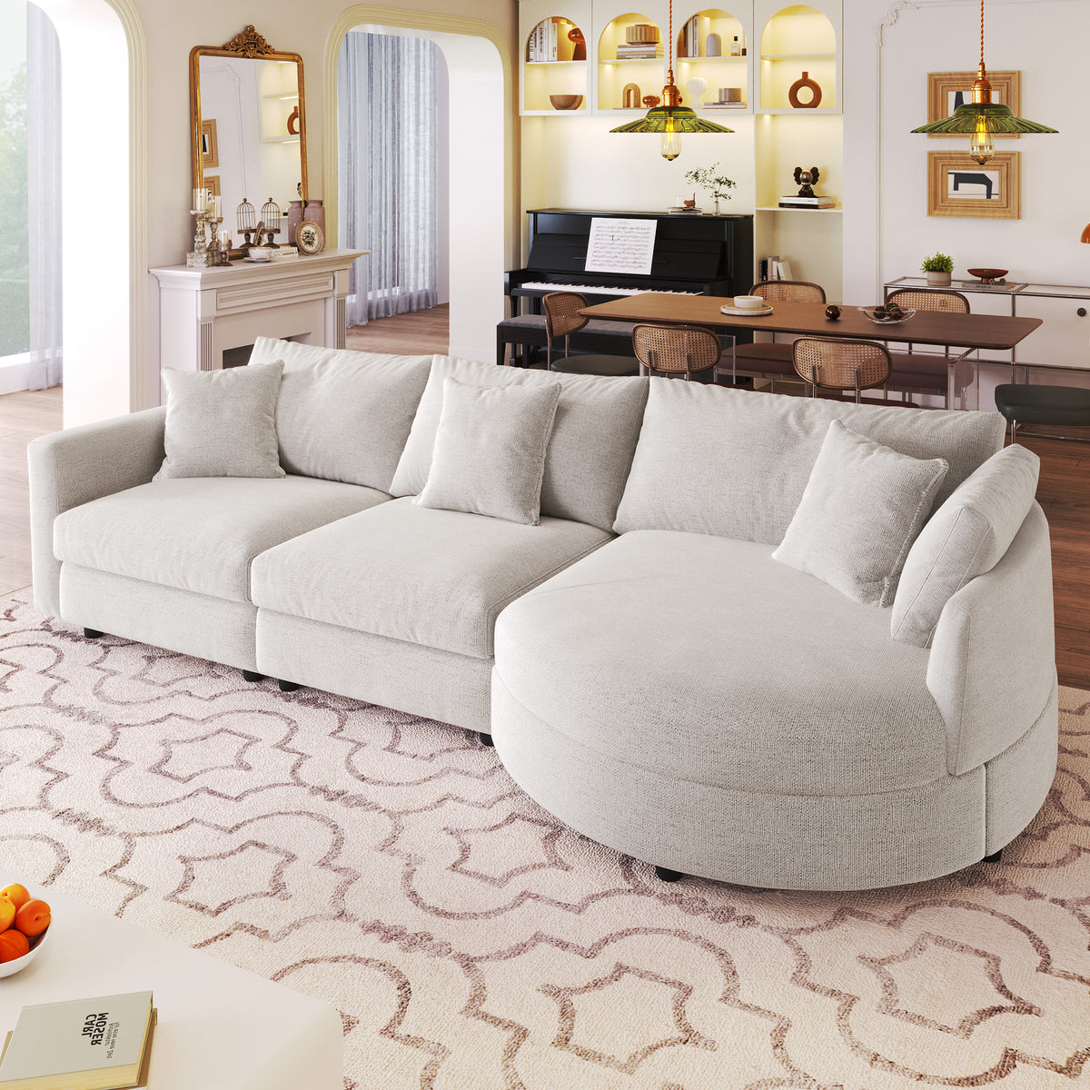 variant-group:rf-n711wy000461aaa|Roomfitters 107" Chenille Fabric 3-Piece Sectional Sofa, Modern Large L-Shaped Couch with Rounded Curved Chaise, Beige