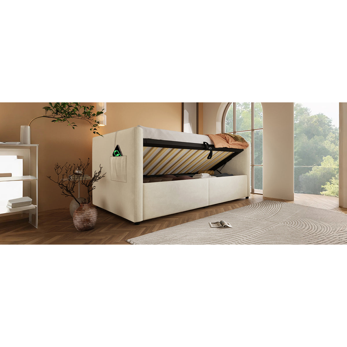 variant-group:rf-n736p303402b|Roomfitters Upholstered Twin Size Daybed with Storage, USB & Type-C Charging, Tufted Sofa Back, Velvet Beige