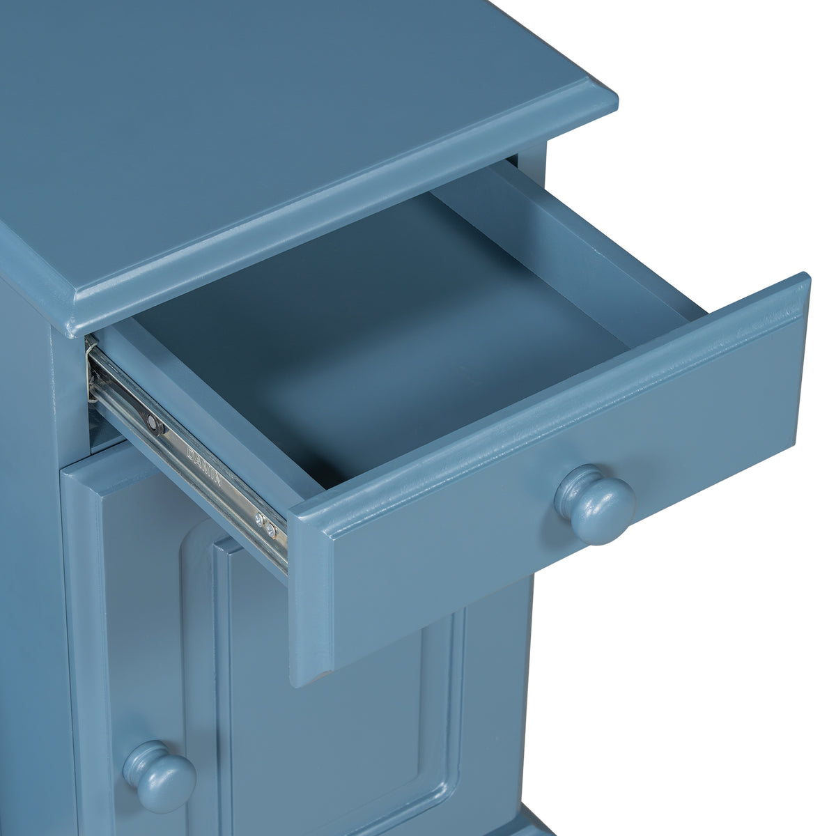 variant-group:rf-n724p293133m|Roomfitters Vintage Sofa Side Table with USB Ports, Flip Top, Cup Holders and Bookshelf Storage for Small Spaces, Navy Blue