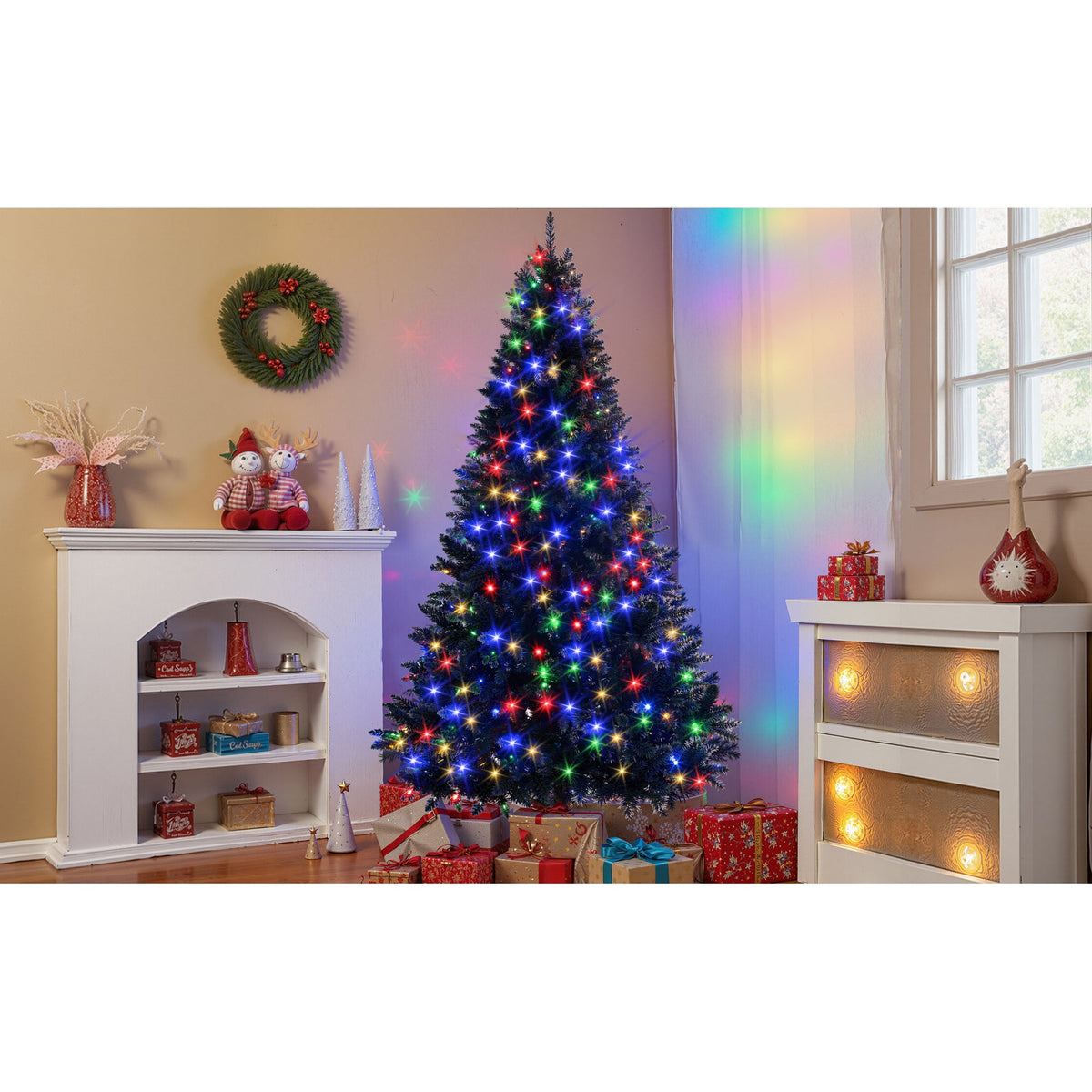 Roomfitters Pre-Lit Black Artificial Christmas Tree 6FT, Hinged Holiday Spruce Tree with 920 Tips and Color-Changing Lights Roomfitters