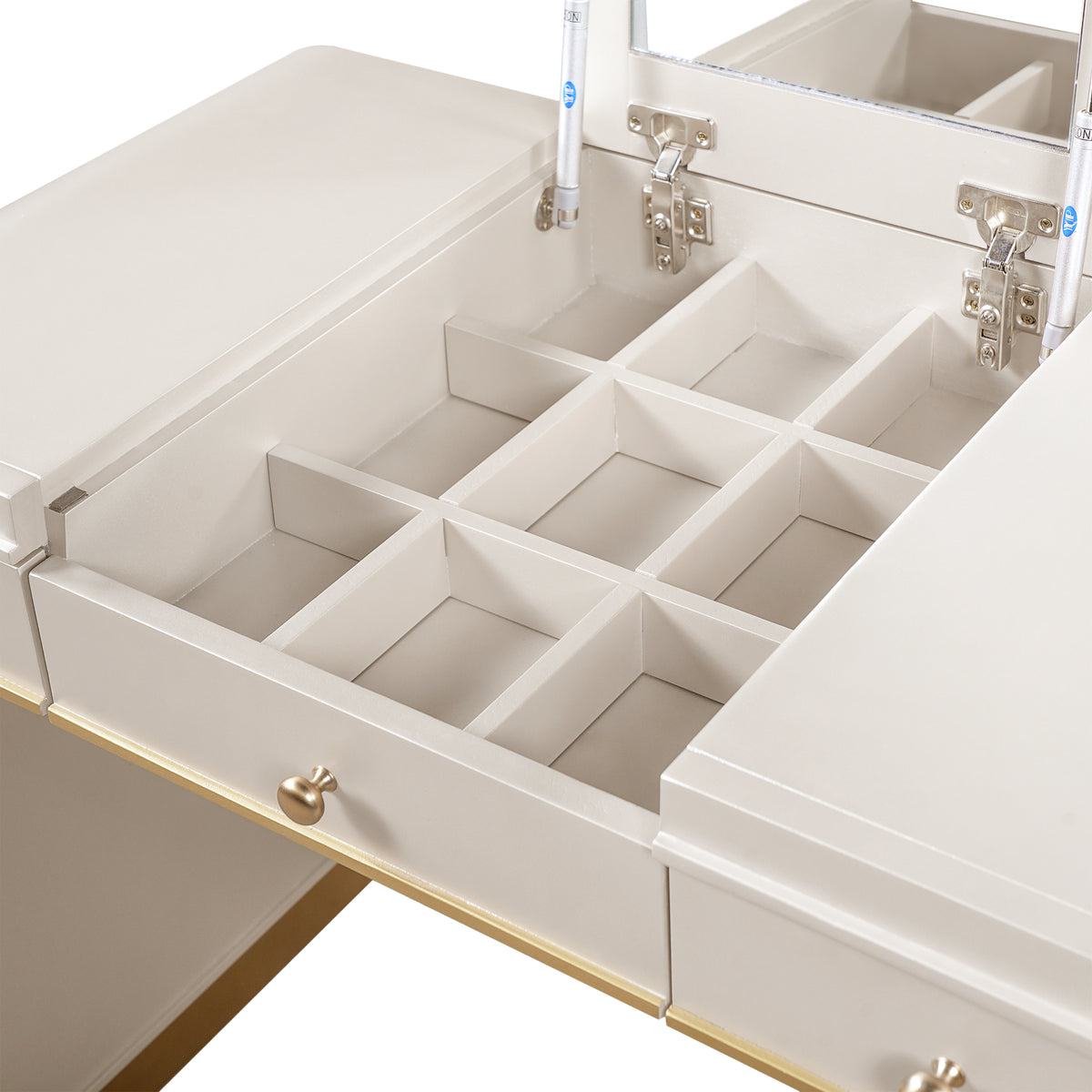 variant-group:rf-n704p381406c|Roomfitters Flip Top Vanity Desk with Mirror and Hidden Storage, Modern Makeup Table with Gold Trim for Small Space, Champagne