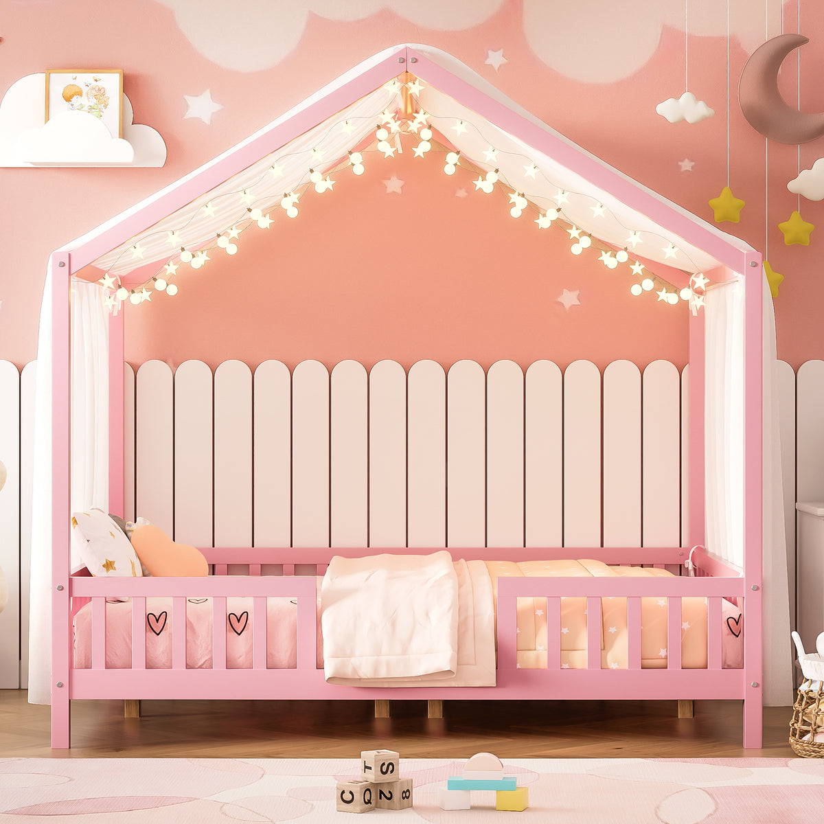 variant-group:rf-n733p356048h|Roomfitters Full Montessori Floor Bed with Canopy, House Shape Wood Frame with Safety Rails, Platform Bed, Pink