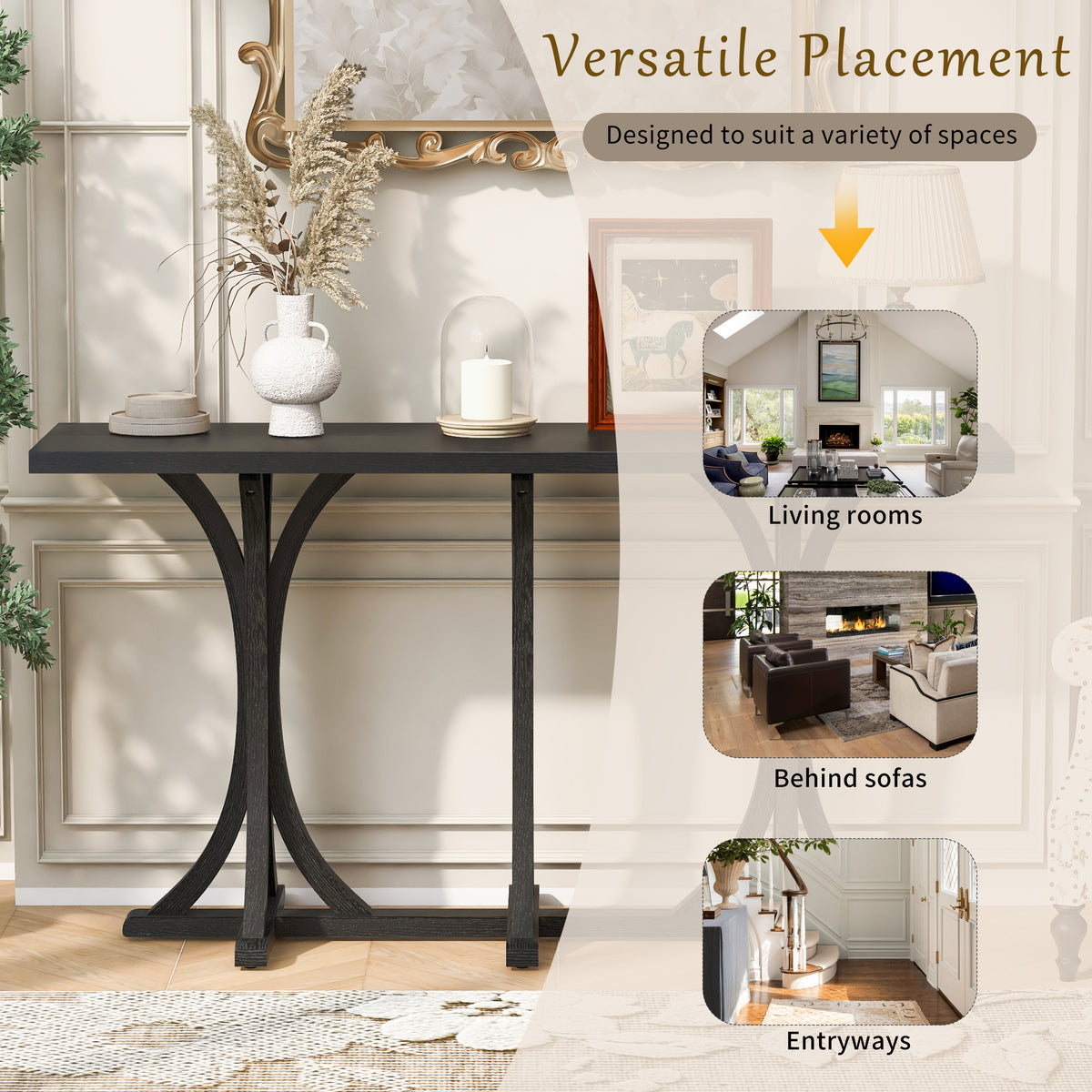 variant-group:rf-n711p295300b|Roomfitters 59.8" Console Table with Oak Veneer Top, Modern Arched Leg Entryway Sofa Table for Hallway & Living Room, Black