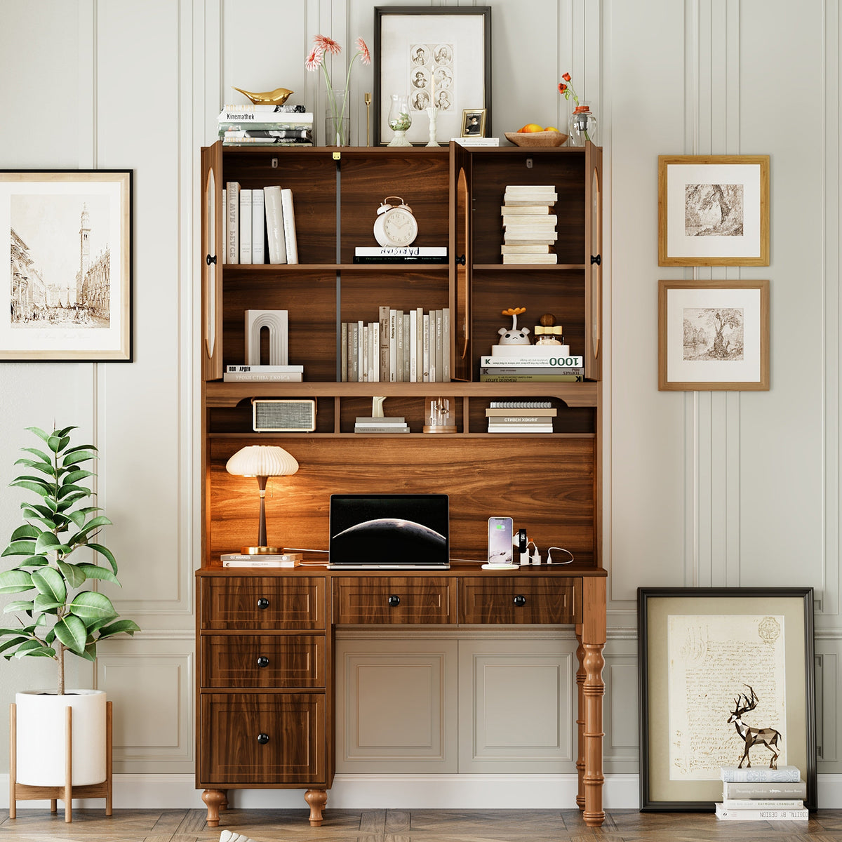 Roomfitters 47'' Retro Desk with Charging Ports and Hutch, Office Desk with 5 Storage Drawers and Glass Bookshelf, Walnut