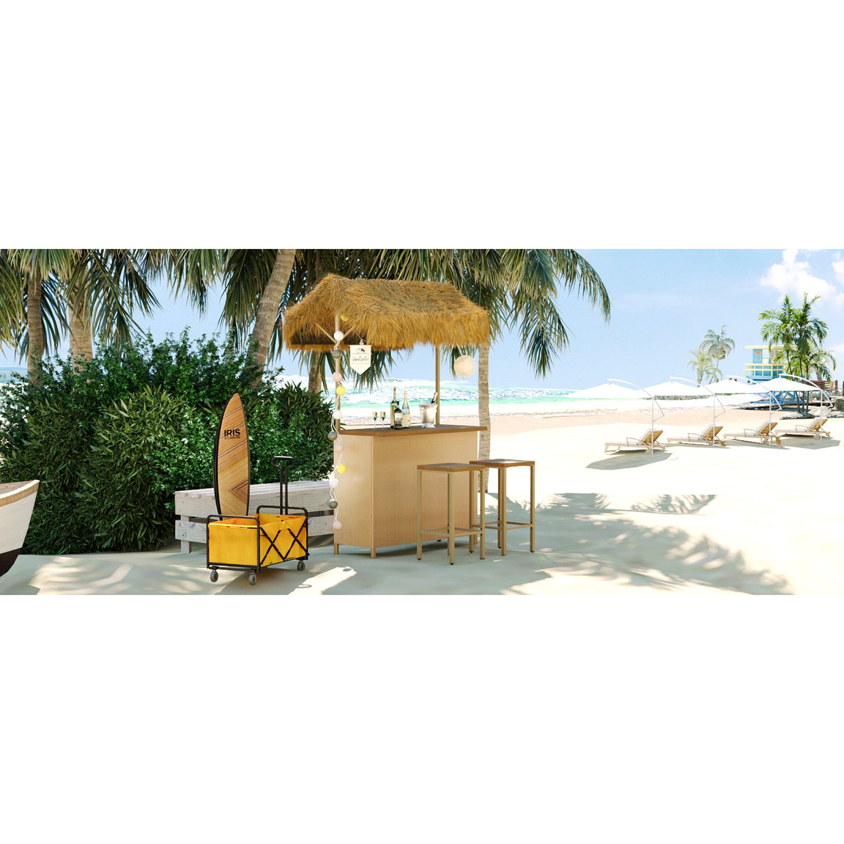Roomfitters Bar Height Patio Set with PE Grass Canopy, Outdoor Bar Table and Stools, Hawaiian-style Acacia Wood Top, Natural Roomfitters