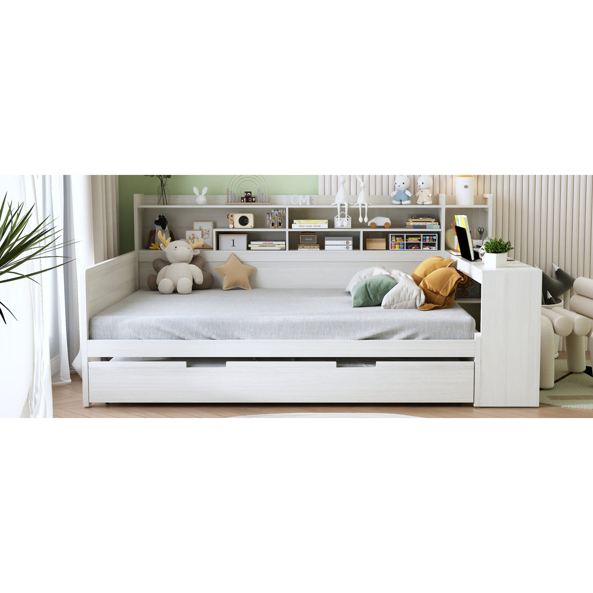 Roomfitters Wooden Full Size Daybed with Storage Shelves, Multi-functional Bed with Twin Size Trundle Bed and Study Desk, Antique White