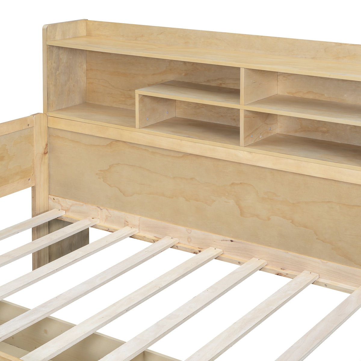 variant-group:rf-n733s241484m|Roomfitters Wooden Twin Size Daybed with Storage Shelves, Multi-functional Bed with Two Storage Compartments and Study Desk, Natural