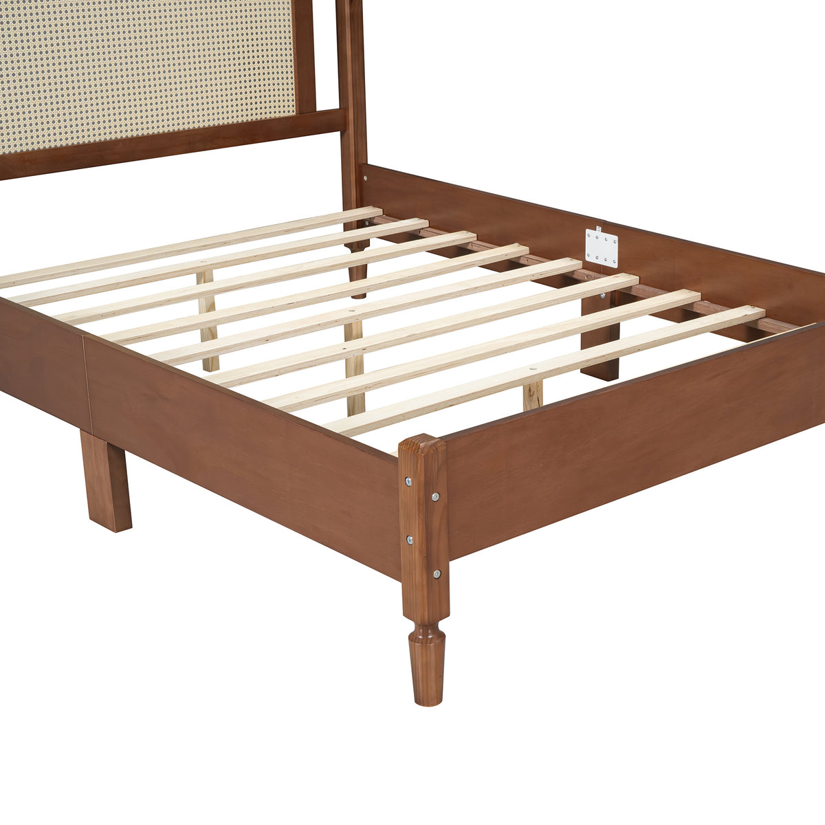Roomfitters Full Size Wooden Platform Bed with Natural Rattan Headboard, Durable Vintage Bed Frame with Sturdy Wooden Slat Support for Rustic Sophistication, Walnut