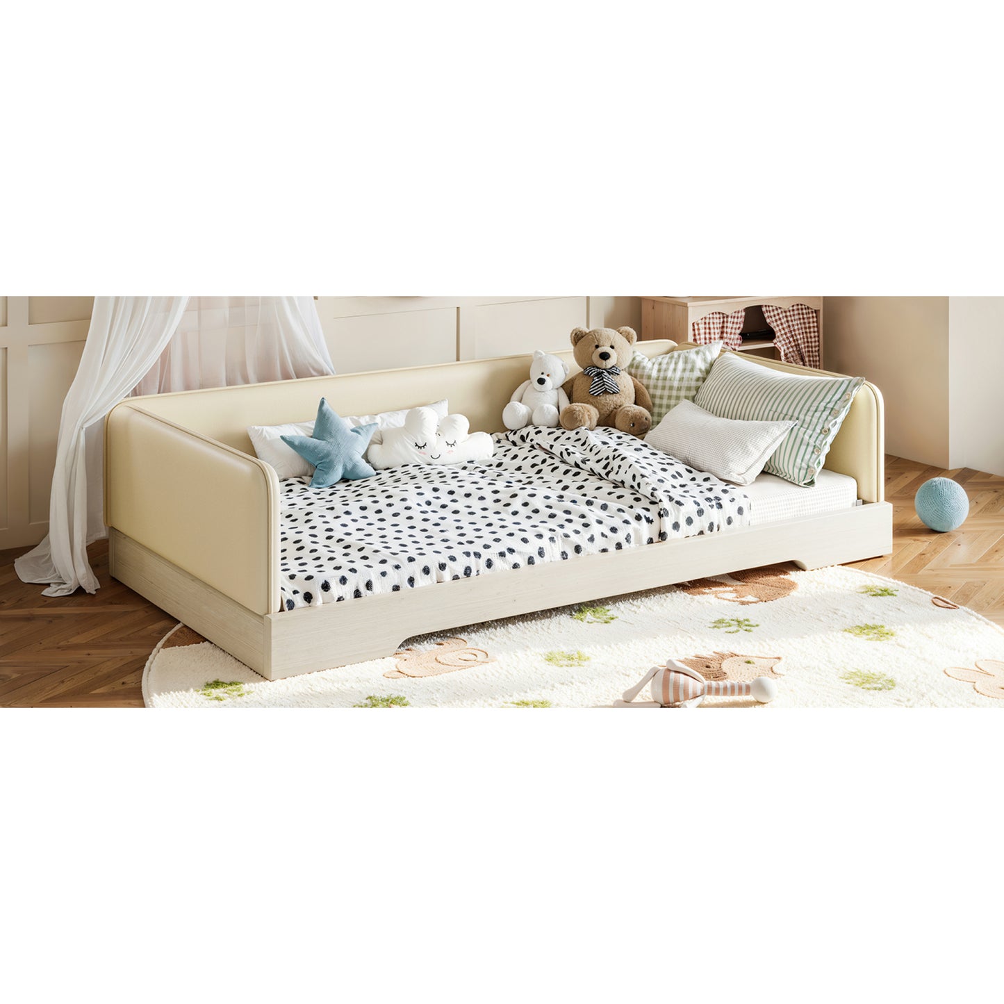 variant-group:rf-w1580p493129|Roomfitters Twin Size Upholstered Floor Bed Frame with Removable Guardrails, Faux Leather Low Profile Platform, Beige