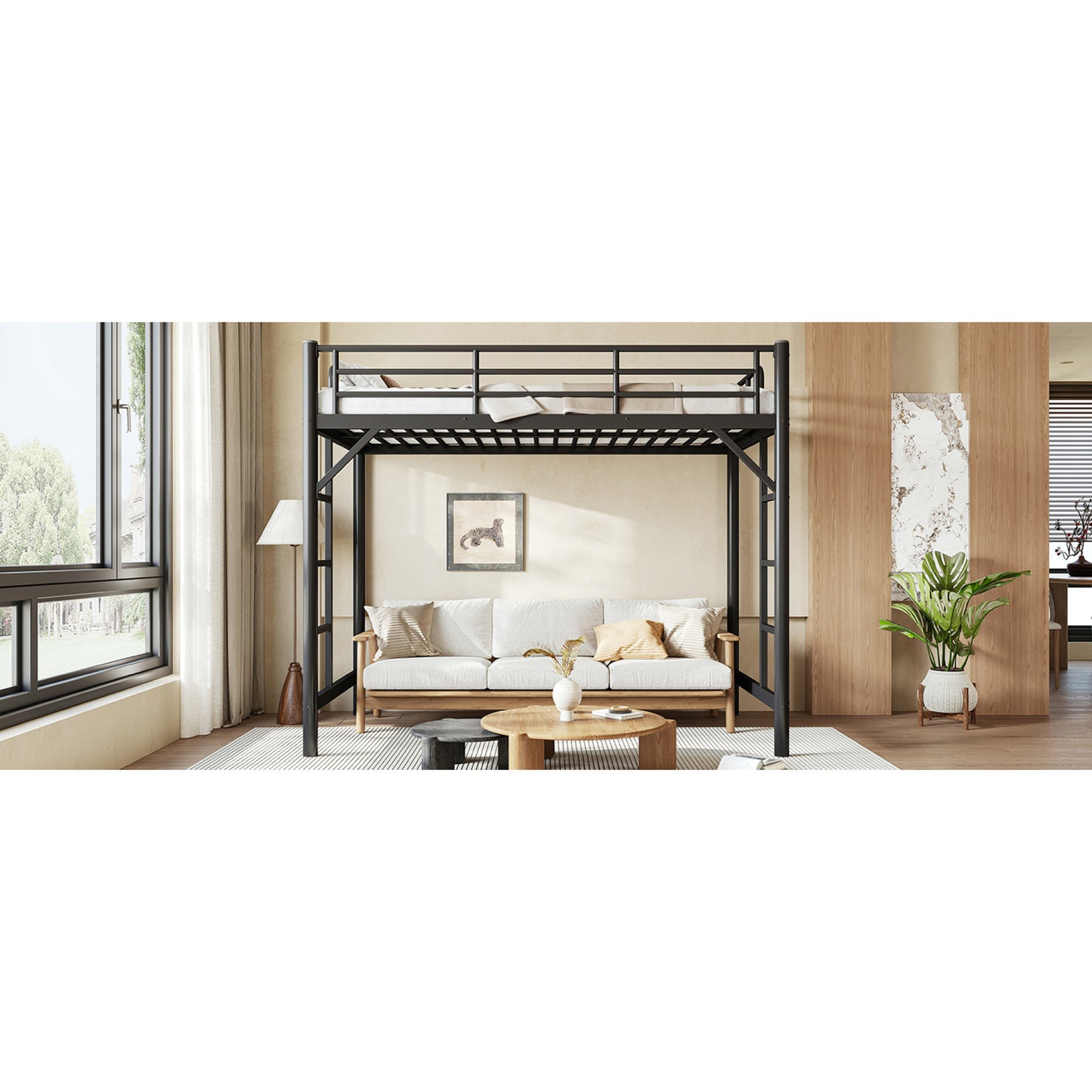 variant-group:rf-w1580p455013|Roomfitters Twin XL Size Metal Loft Bed Frame with Guardrails, Heavy Duty Space Saving High Loft Bed Dual Ladders, Black