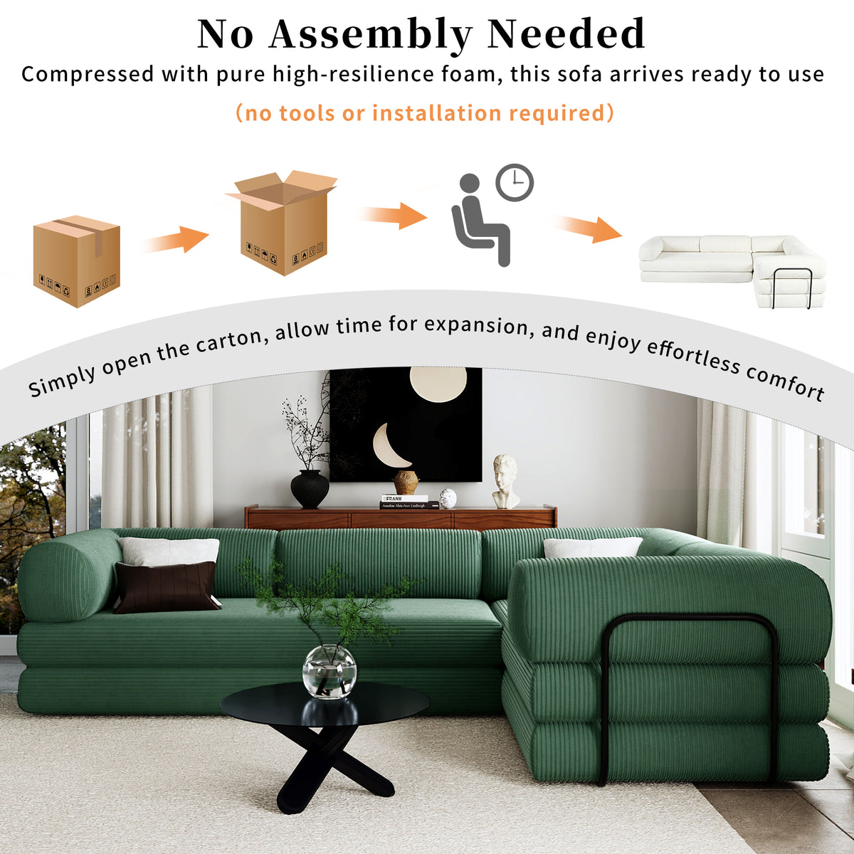 variant-group:rf-n711wy000463aac|Roomfitters Modern L-Shaped Modular Sofa Bed, Corduroy Convertible Sleeper Sectional Couch with Industrial Metal Frame, Green