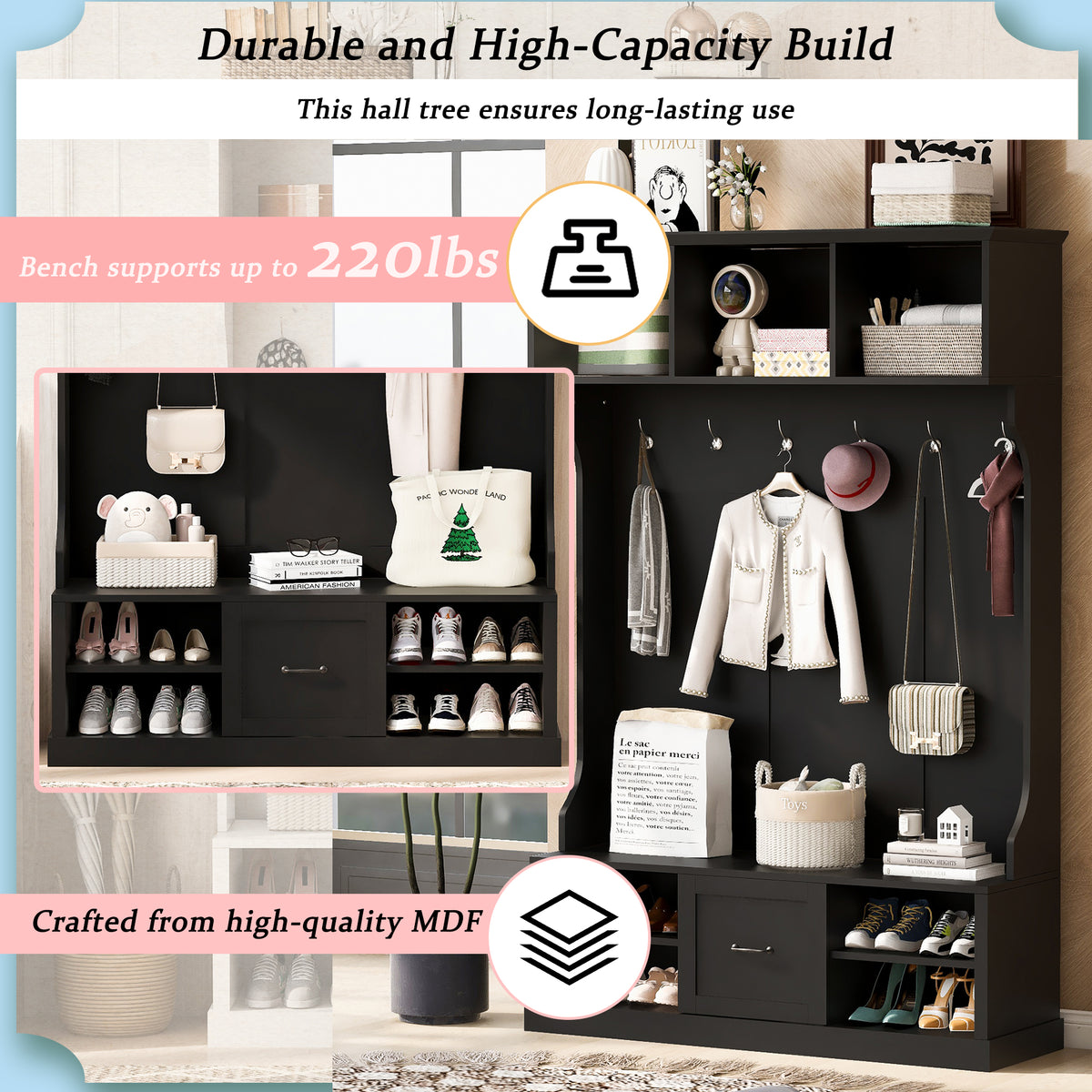 variant-group:rf-n724p264673b|Roomfitters 3-in-1 Hall Tree with 6 Hooks, Coat Rack and Entryway Bench, 57" Organizer with Drawer for Hallway or Living Room, Black
