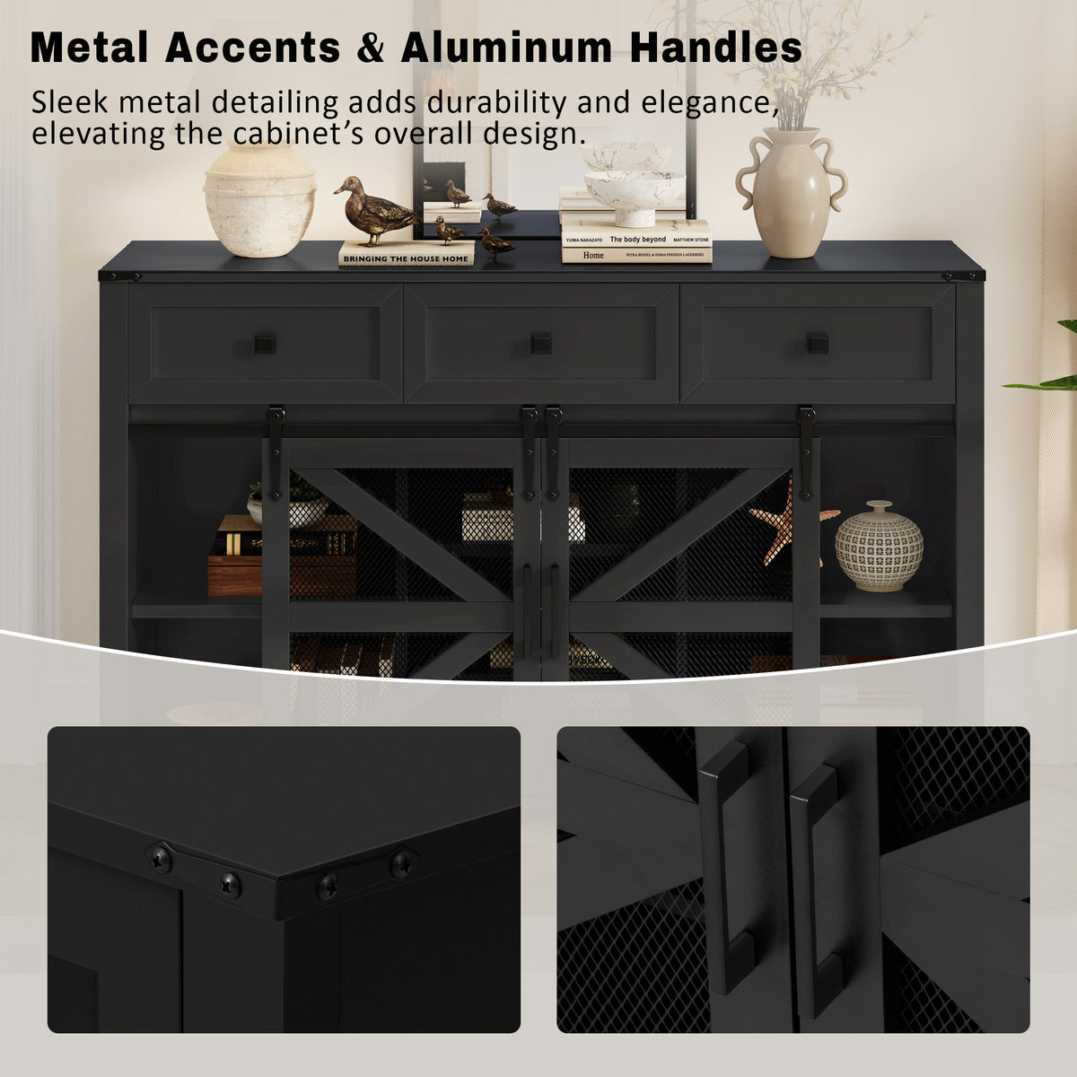 variant-group:rf-n711p347384b|Roomfitters 55" Sideboard Buffet Cabinet with 3 Drawers and Sliding Barn Doors, Farmhouse Storage for Kitchen & Dining, Black