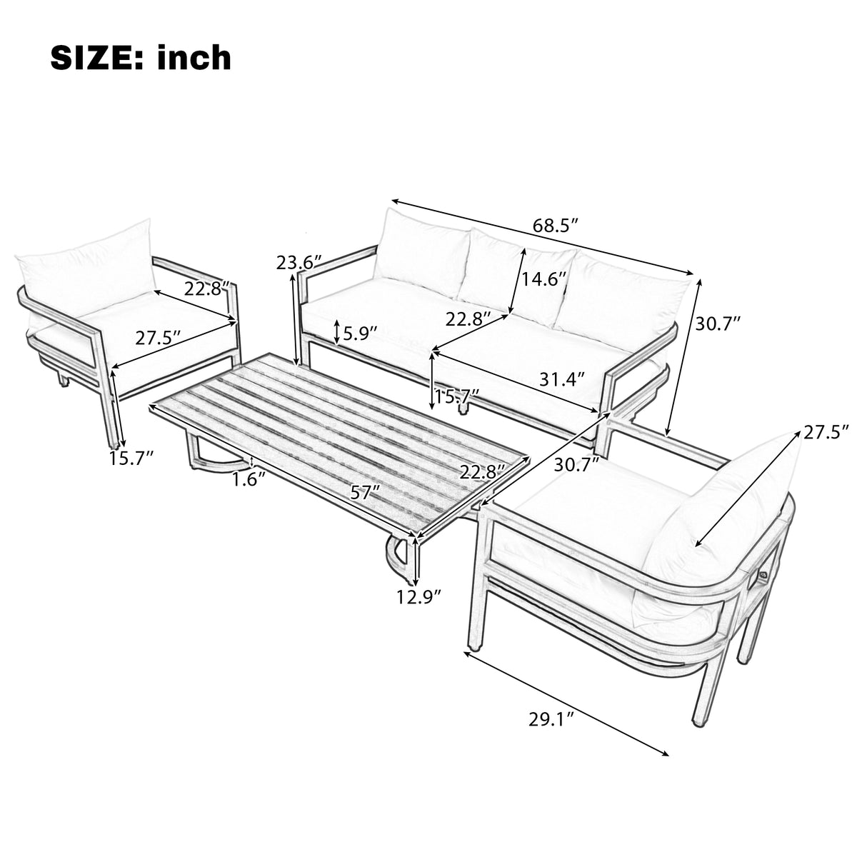 variant-group:rf-n711wy000470aae|Roomfitters 4-Piece Outdoor Steel Sofa Set with Coffee Table, 3-Seater Couch and 2 Armchairs for Patio Garden, Gray