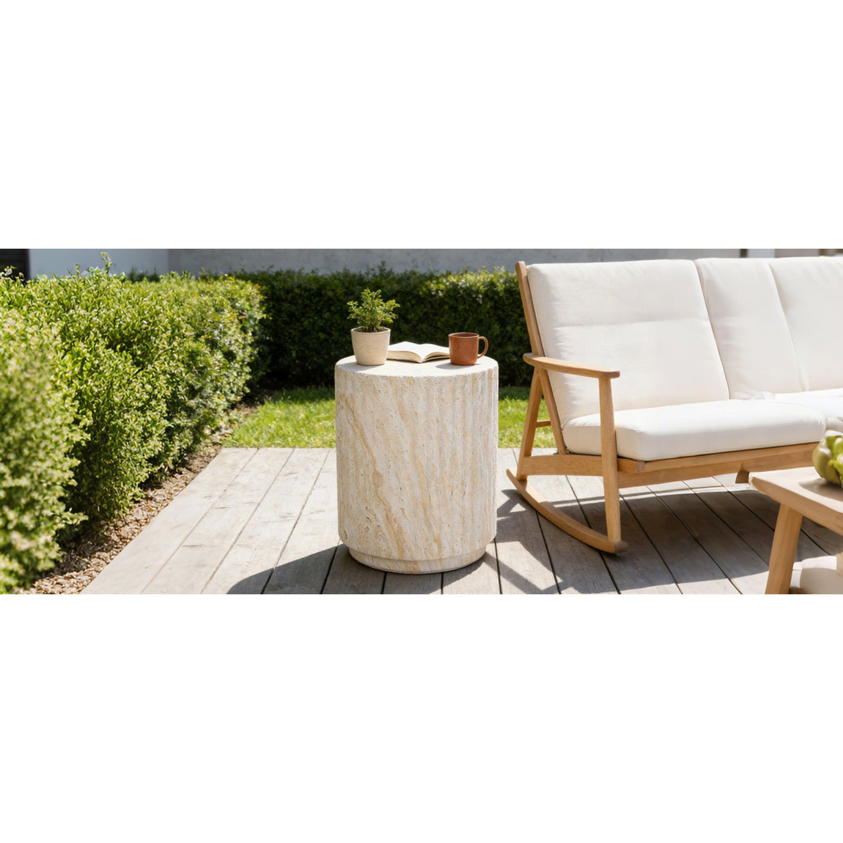Roomfitters Modern Cylinder Wave Outdoor Side Table, Round Plant Stand, Beige MgO Patio End Table, Ripple Design Roomfitters