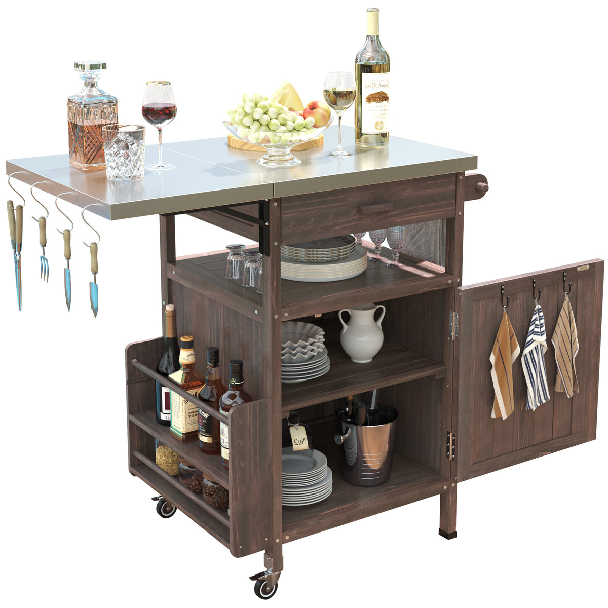 variant-group:rf-n707p228272z|Roomfitters 40.5" Outdoor Grill Cart with Stainless Steel Top, Wood Storage Cabinet, Drop Leaf, Rolling Cart, Brown