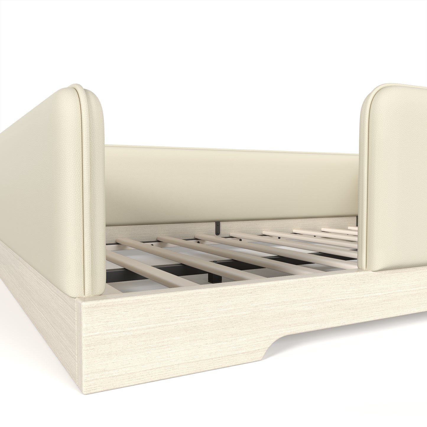 variant-group:rf-w1580s00671|Roomfitters Full Size Upholstered Floor Bed Frame with Removable Guardrails, Faux Leather Low Profile Platform, Beige