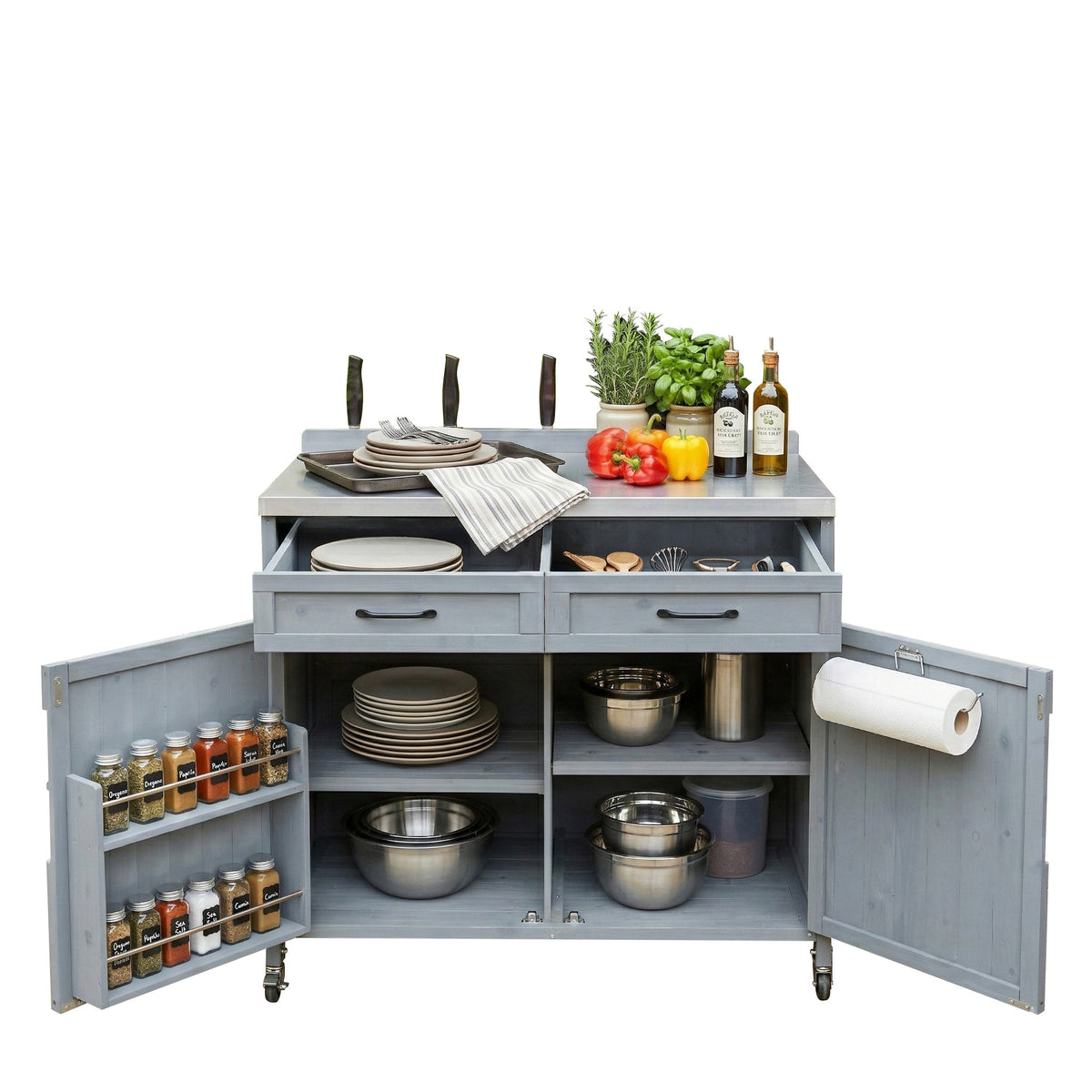 variant-group:rf-n707p370273g|Roomfitters 39.4" Grill Cart, Outdoor Kitchen Island with Stainless Steel Top, BBQ Prep Station with Storage Cabinet, Grey+Blue