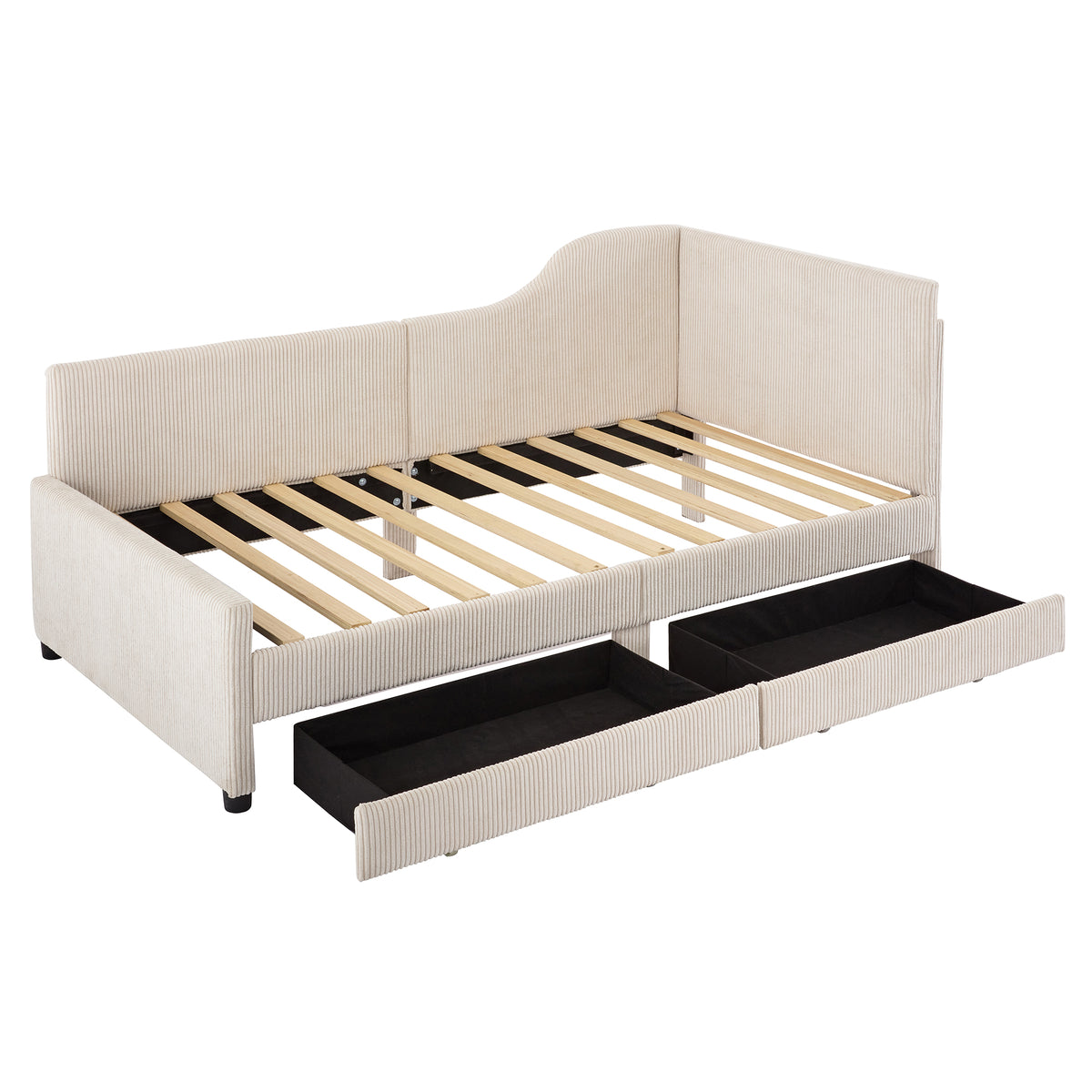 variant-group:rf-n733p171470a|Roomfitters Twin Size L-Shaped Corduroy Daybed, Upholstered Platform Bed Frame with 2 Convenient Storage Drawers for a Modern Touch, Beige