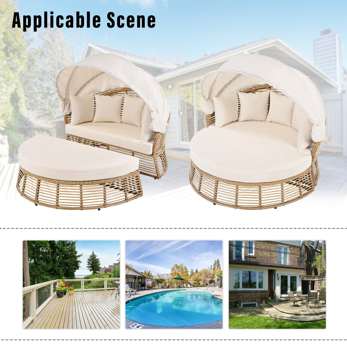 Roomfitters Outdoor Patio Rattan Round Daybed with Retractable Canopy and Removable Wicker Sectional Cushions Roomfitters