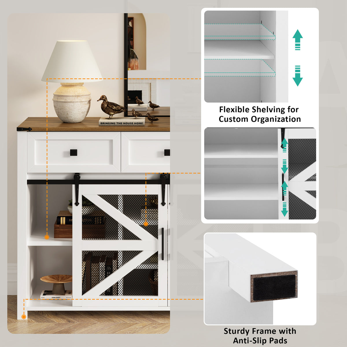 variant-group:rf-n711p347384k|Roomfitters 55" Sideboard Buffet Cabinet with 3 Drawers and Sliding Barn Doors, Farmhouse Storage for Kitchen & Dining, White