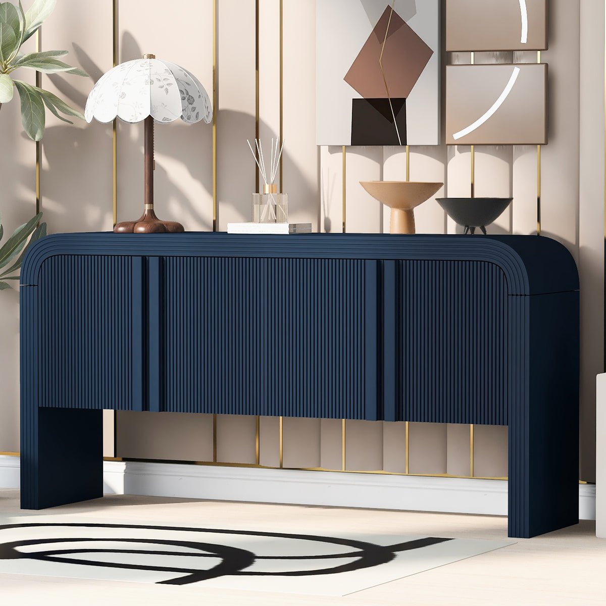 variant-group:rf-n711p415846v|Roomfitters Modern Rustic Navy Blue Curved Wave Pattern Console Table with Adjustable Storage Shelf and Elegant Wooden Handles