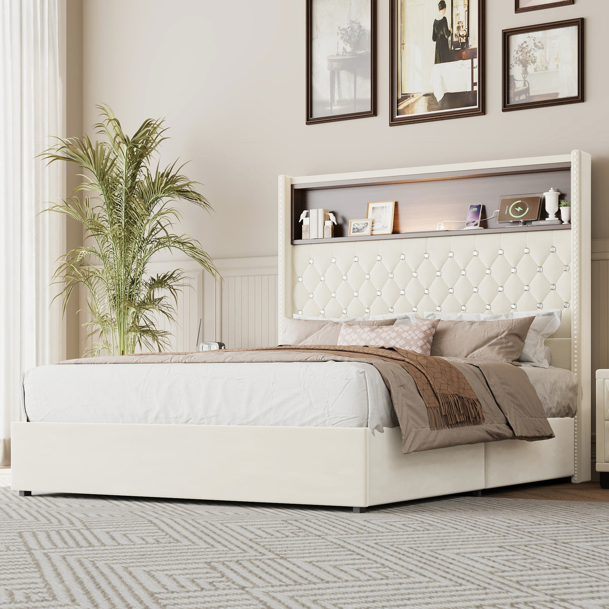 variant-group:rf-n733p368653a|Roomfitters Full Velvet Tufted Platform Bed with Charging Ports, Tall Wingback Headboard with Rivet Trim and Shelf, Beige