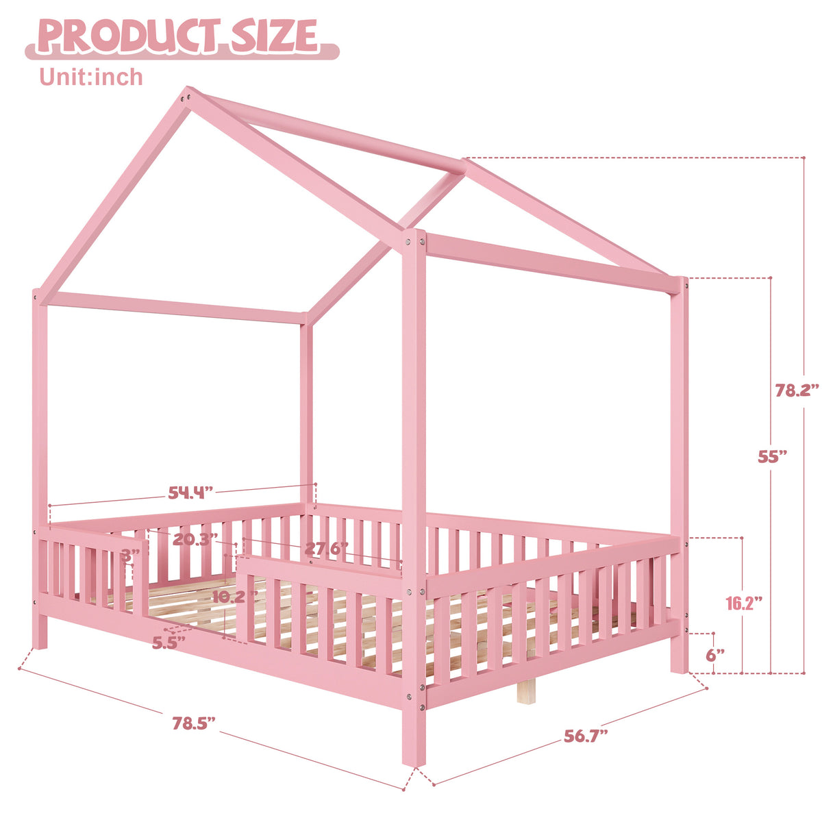 variant-group:rf-n733p356048h|Roomfitters Full Montessori Floor Bed with Canopy, House Shape Wood Frame with Safety Rails, Platform Bed, Pink
