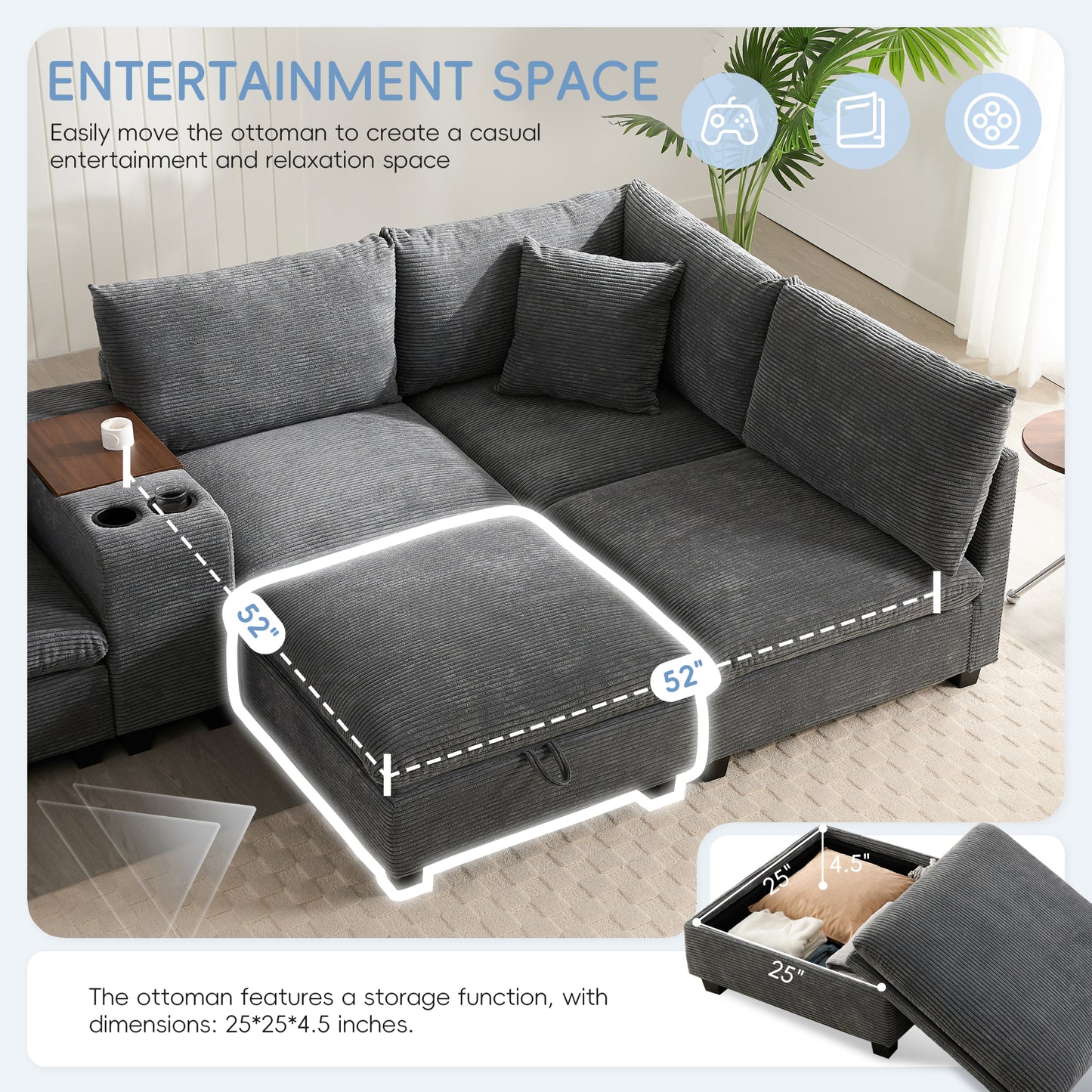 variant-group:rf-n723s1166e|Roomfitters 139 Inch U-Shaped Modular Sectional Sofa with Storage Console, Cup Holders and USB Ports for Living Room, Gray