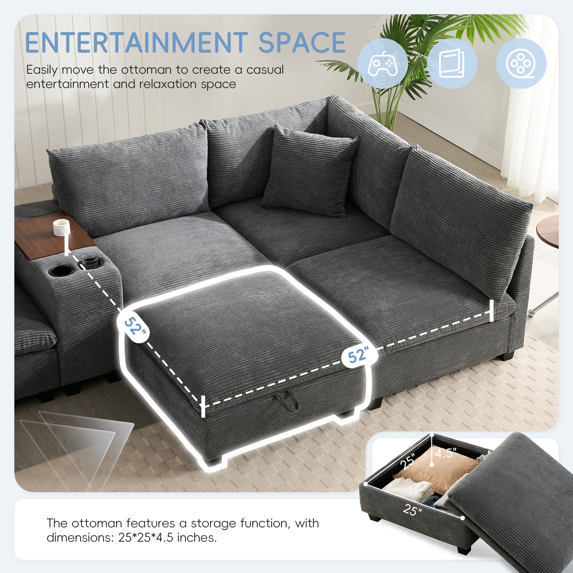 variant-group:rf-n723s1166e|Roomfitters 139 Inch U-Shaped Modular Sectional Sofa with Storage Console, Cup Holders and USB Ports for Living Room, Gray