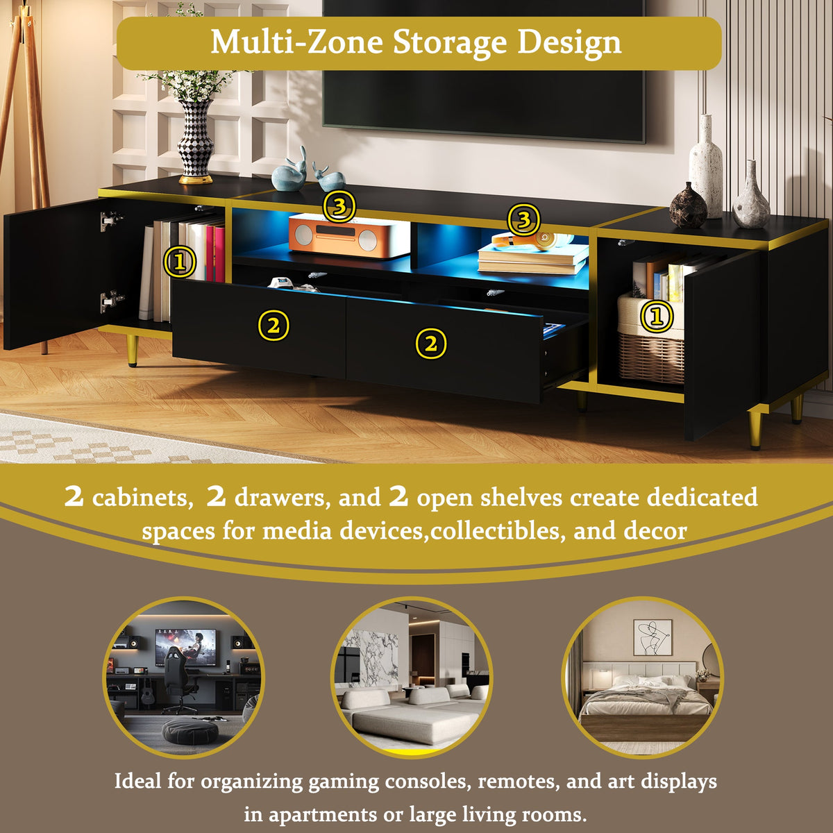 Roomfitters Modern TV Stand for up to 80 Inch TV, Entertainment Console with LED Shelves, Drawers and Cabinets, Black Roomfitters
