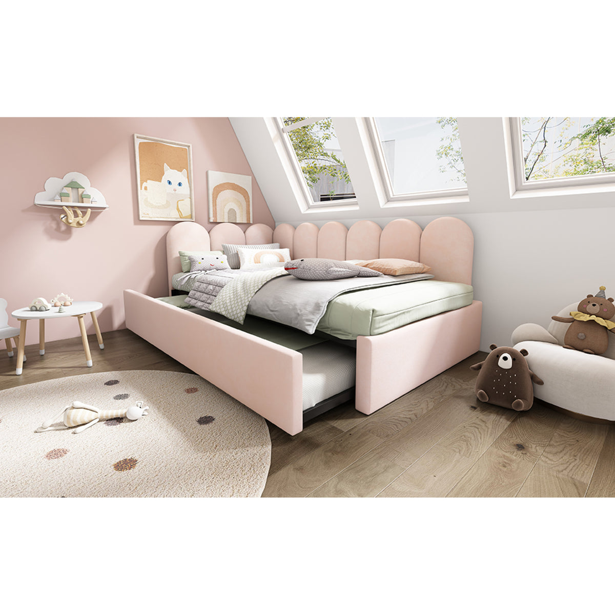 variant-group:rf-n736aa20362122p|Roomfitters Velvet Upholstered Twin Daybed with Pull Out Trundle, Sofa Bed with Metal Slat Frame, Pink