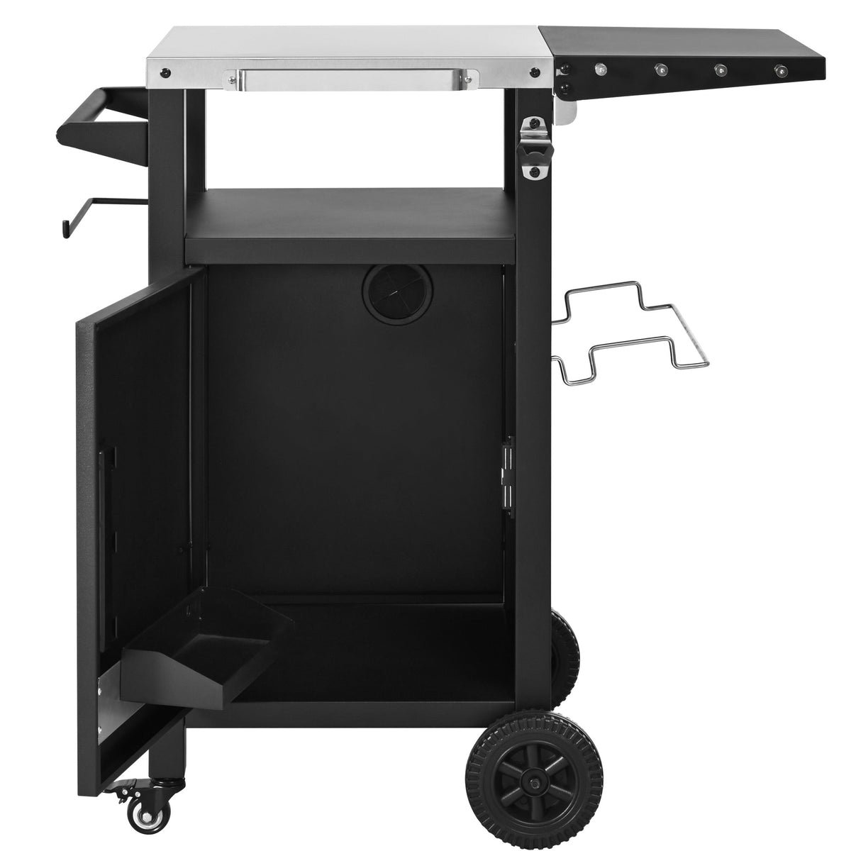 Roomfitters 33.9" Grill Cart with Stainless Steel Top, BBQ Prep Station with Spice Rack and Hamper Bag, Rolling Cart, Black