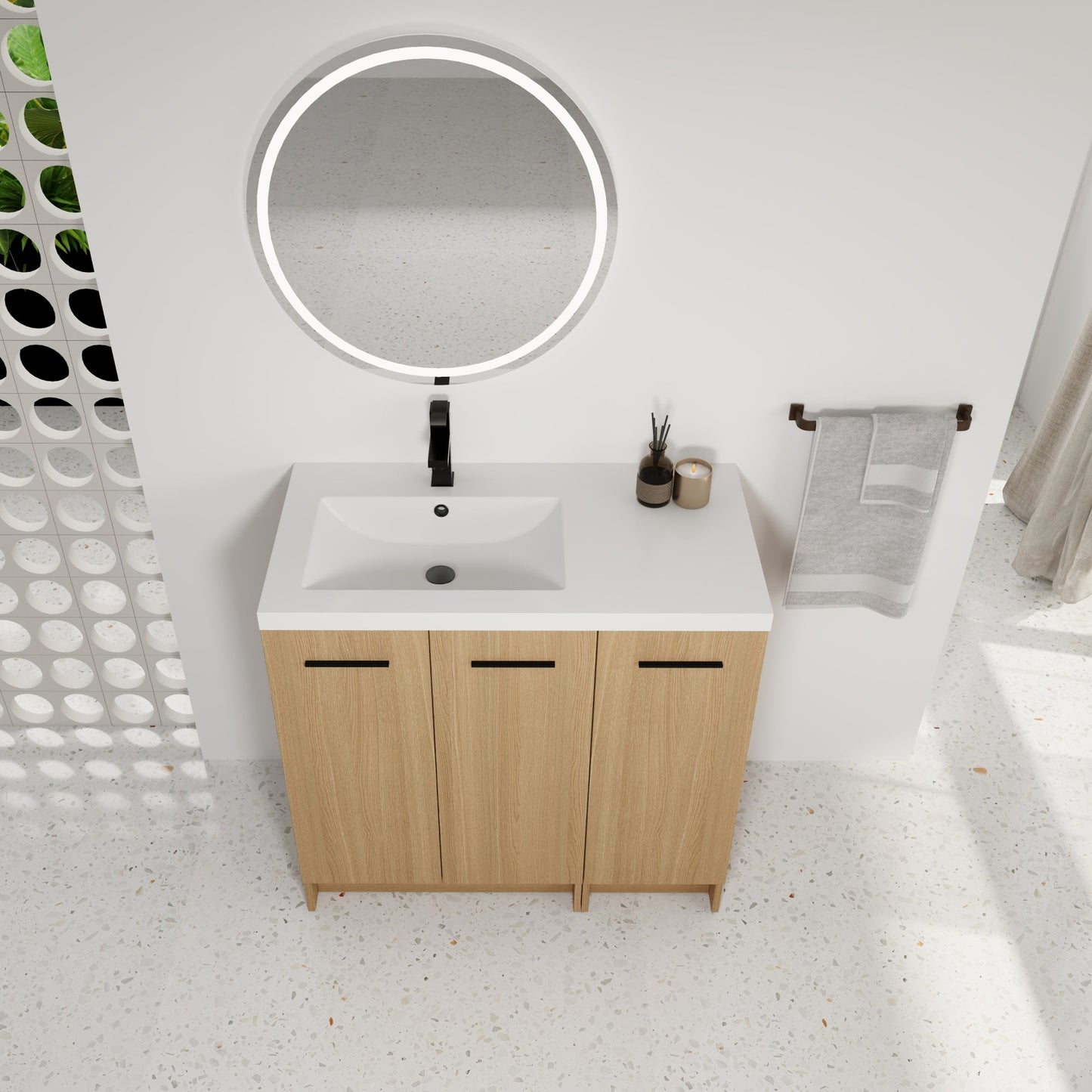 36" Modular Freestanding Bathroom Vanity with 36" Resin Sink Top, Light Oak, 2-Piece Cabinet (24" 2-Door + 12" 1-Door), KD Cabinet, Includes Black & Brushed Aluminum Handles Roomfitters