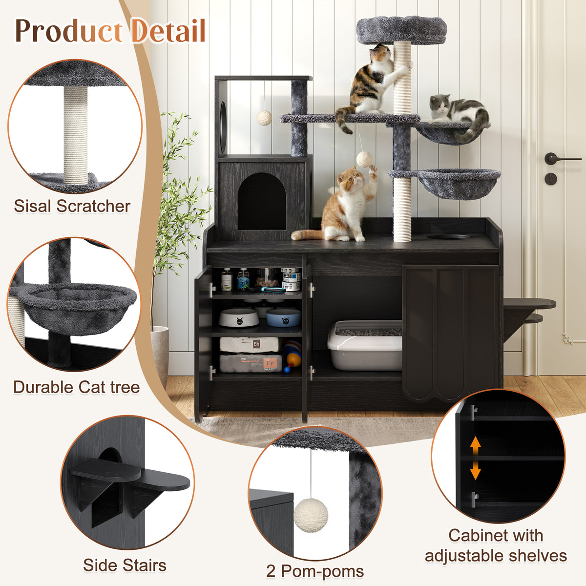 variant-group:rf-n704p443505b|Roomfitters All-in-One Modern Multi-Level Cat Tree Tower Condo with Hidden Litter Box Enclosure Space Black
