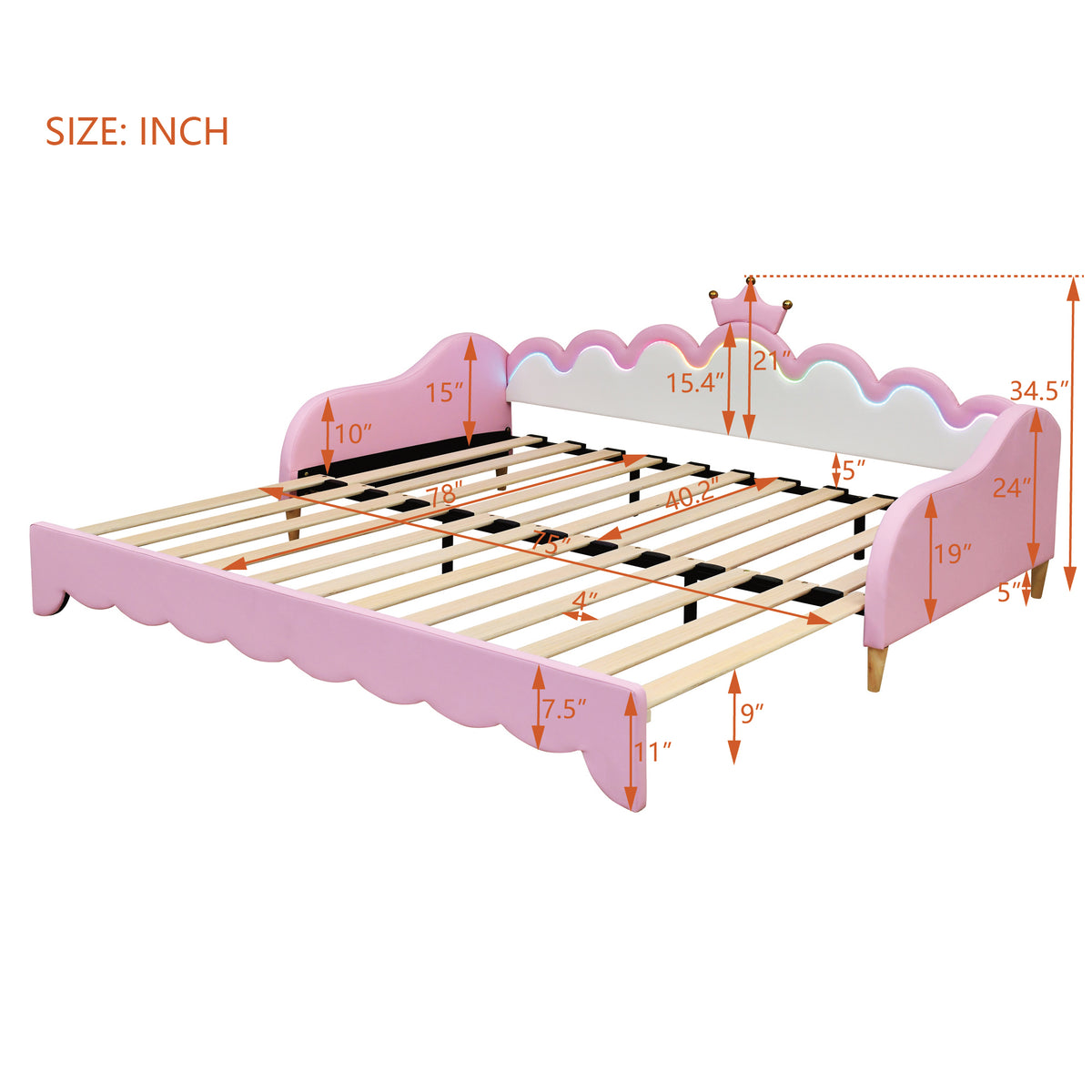 variant-group:rf-n733hl000104aah|Roomfitters Twin Extending Daybed with Lights, Modern Upholstered Princess Daybed Featuring Crown Headboard, Elegant and Practical Design, Pink