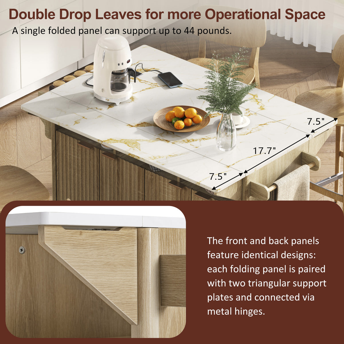 variant-group:rf-n707p353934y|Roomfitters 55.5" Fluted Kitchen Island with Double Drop Leaf, Natural Storage Cart with Power Outlet & Faux Marble Top