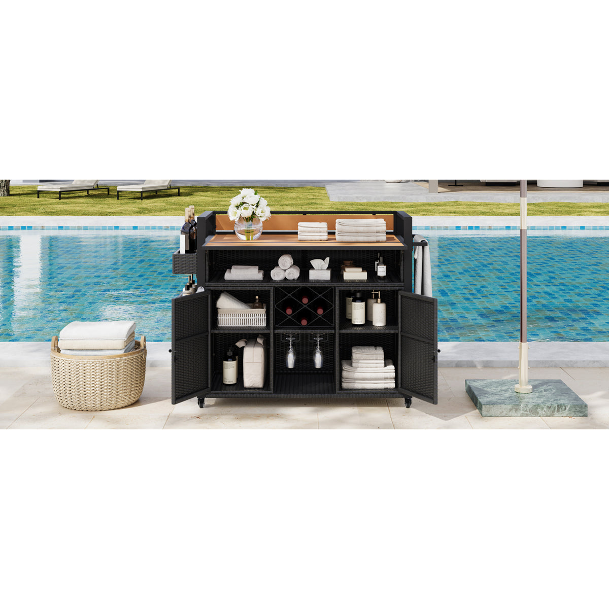 variant-group:rf-n707p233747b|Roomfitters 52.8" Wicker Outdoor Grill Cart with Plastic Wood Table, Rolling Island with Storage Cabinet, Double Handles, Black Brown